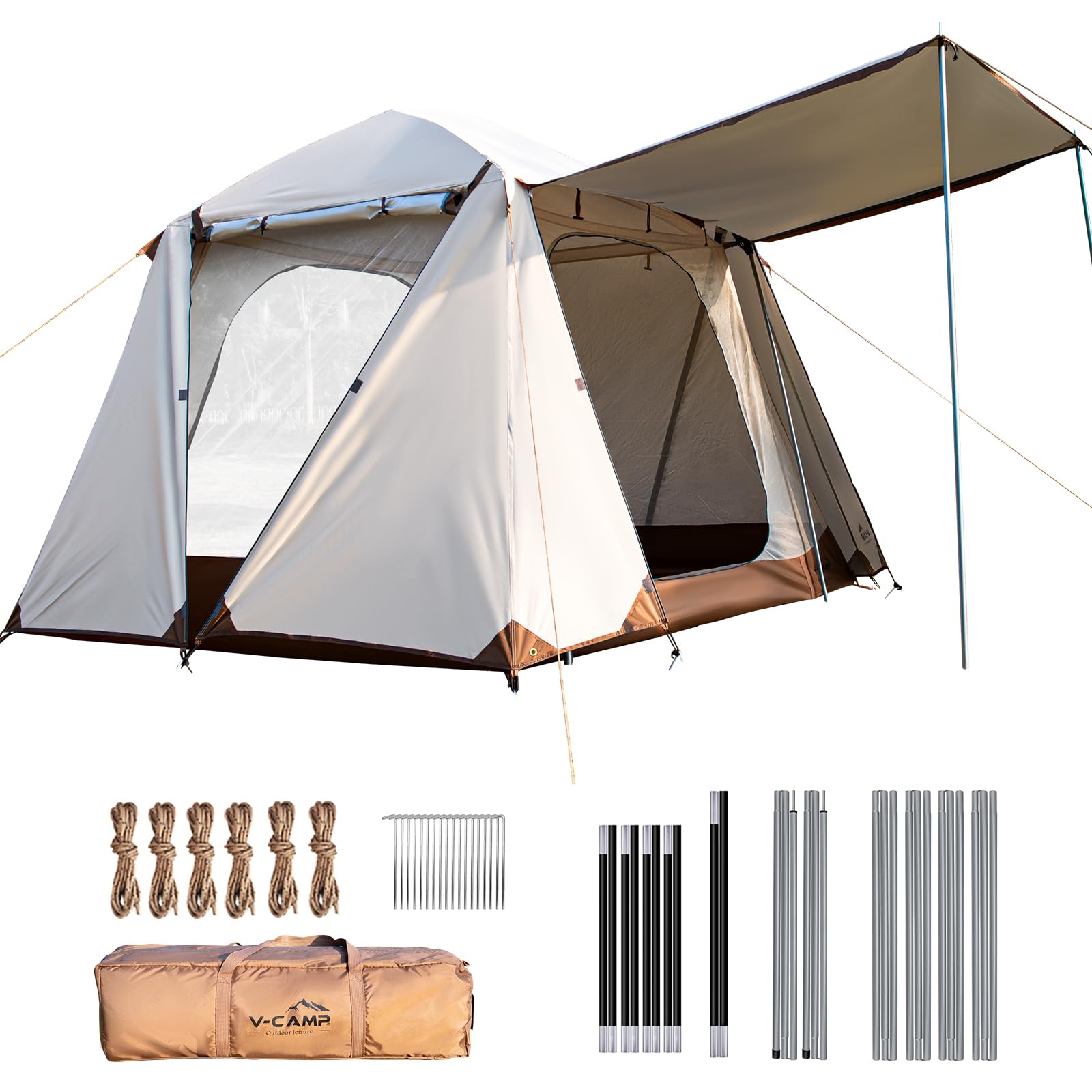 Camping Tents, 3-4 People Waterproof Cabin Tents, Double Layer Family Camping Tent with 2 Doors 360 Degree Panoramic Screen Window, Beach Tent with Carry Bag for Outdoor Hiking