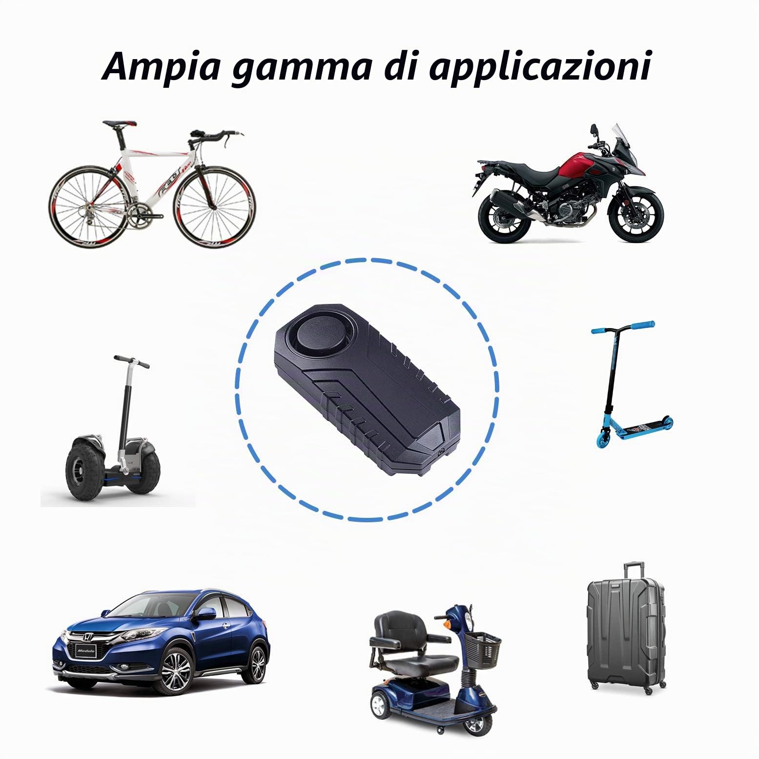 Mengshen Allarme per bicicletta da 113 dB, wireless, con sensore di movimento a vibrazione, impermeabile, con sistema di allarme di sicurezza remoto, per bici, scooter, auto (4 sensori con 2