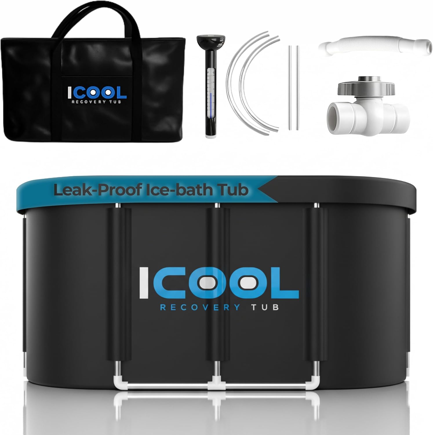 Diagram illustrating the 5-layer fabric insulation of the iCool Recovery Tub, showing each layer: Waterproof Coating, Thickened PVC Layer, Polyester+Nylon Layer, Insulating Foam Layer, and Inner PVC Coating.