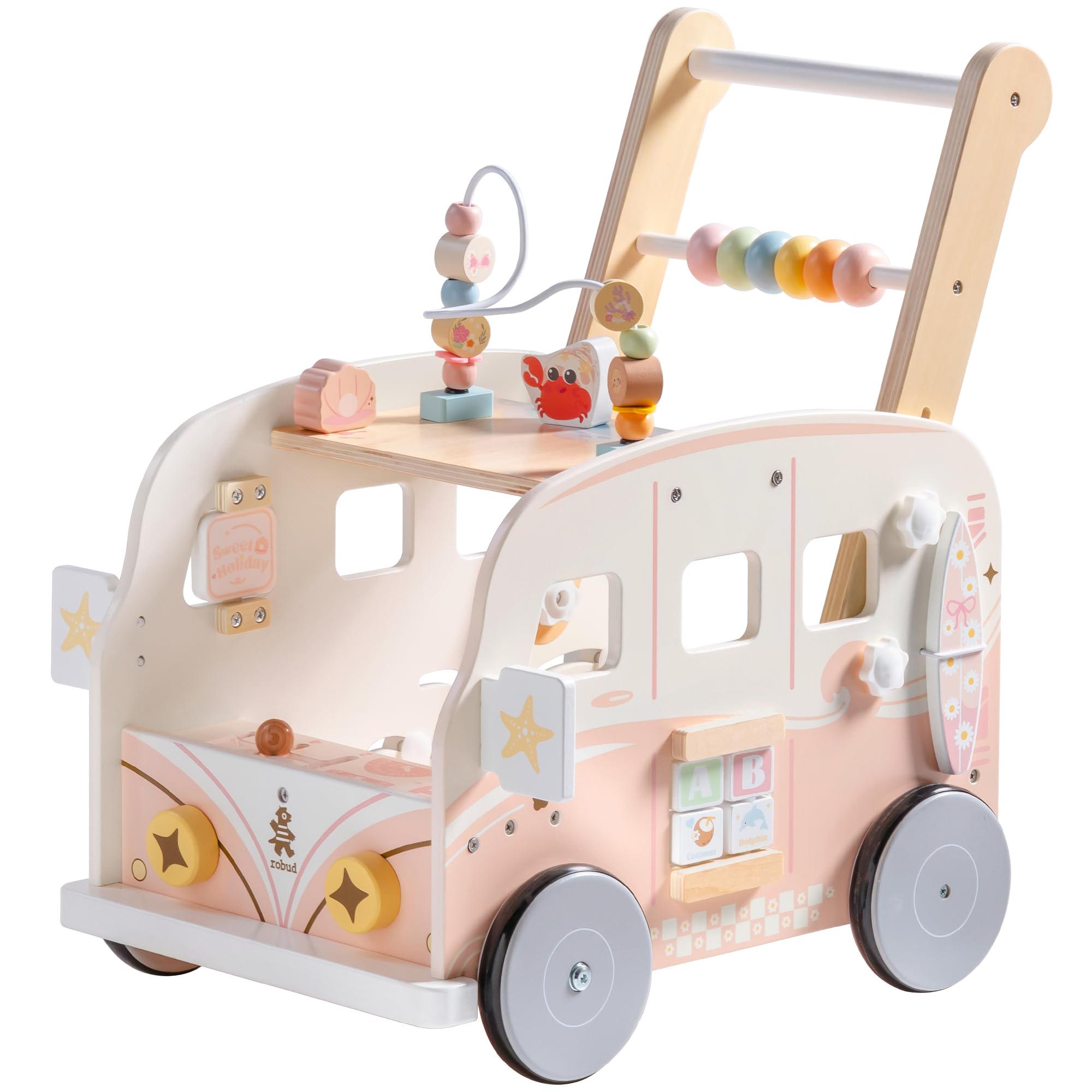 ROBUD Baby Lauflernhilfe Holz, Interaktiver Lauflernwagen, Einstellbare Geschwindigkeit & Höhe Baby Walker, Motorikspielzeug Geschenk für Kleinkinder ab 10 Monaten-1-2 Jahren, Rosa