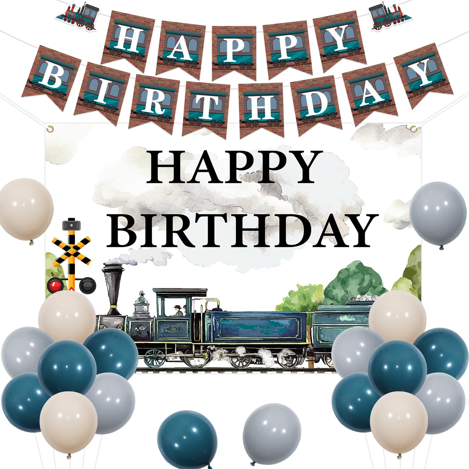Kreatwow Train Birthday Decorations Retro Train Theme Happy Birthday Backdrop Banner Steam Banner Balloons for Vintage Car Party Railroad Crossing Transportation Party 1st 2nd 3rd