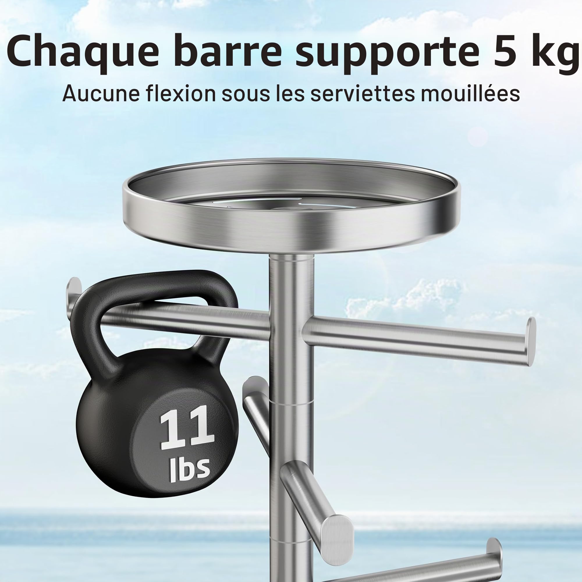 KES OTR204-2 Porte-serviettes de piscine à 8 bras en marbre naturel avec base de poids supplémentaire, réglable à 360 °, porte-serviettes d'extérieur pour piscine et jacuzzi avec plateau de rangement