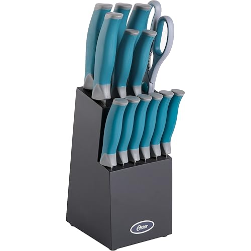 Oster Lindbergh 14 Piece Stainless Steel Cutlery Set Black Block, Teal Handles,Teal/Black