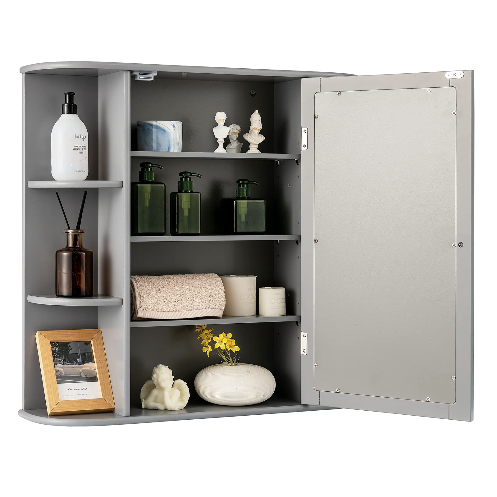 RELAX4LIFE Armadietto da Bagno con Specchio, Mobiletto a Parete Salvaspazio, Ripiano Regolabile,Specchiera Moderno, 66 x 16,5 x 63 cm (Grigio)