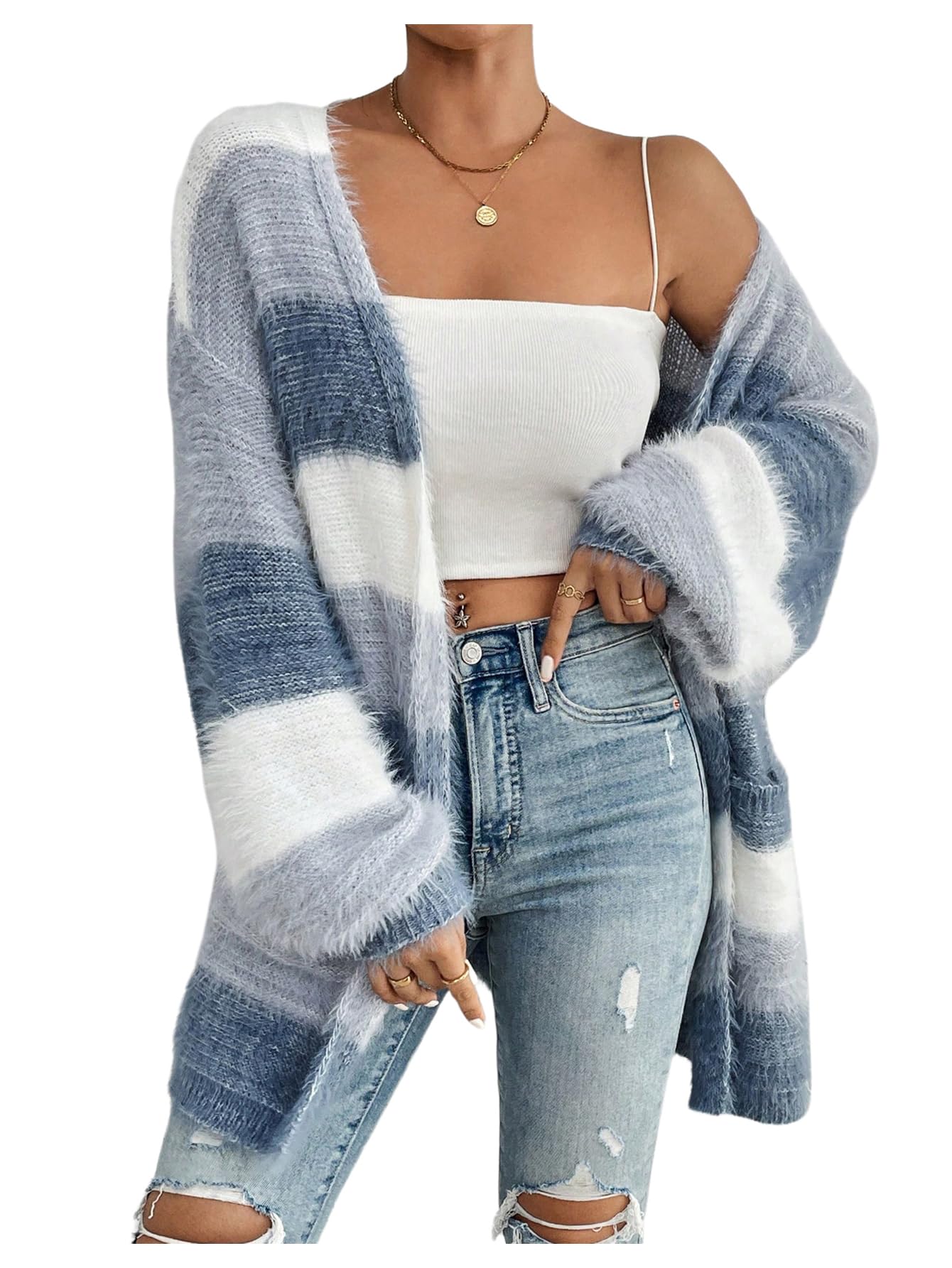 Milumia Womens Colorblock Fuzzy Long Cardigan Open Front Long Sleeve Knit Sweaters with Pockets