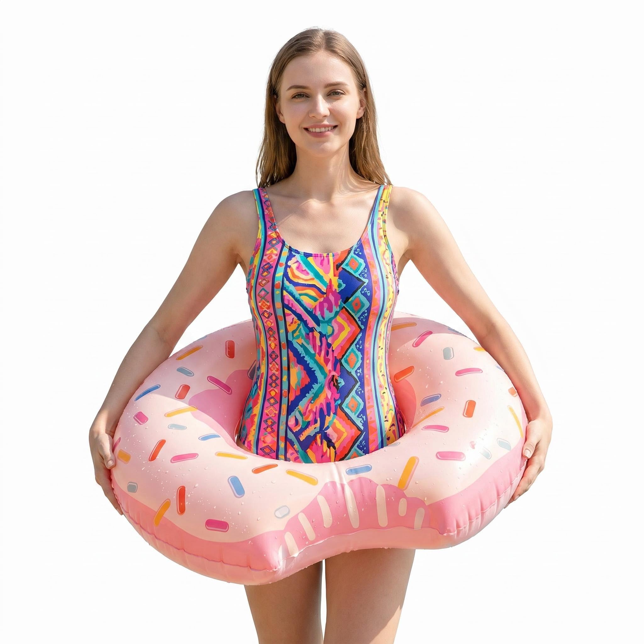 Mtbricey Adult Donut Swim Ring – Inflatable Doughnut Pool Float with Colourful Sprinkle Design Fun Swimming Ring in Pink Brown & Blue Lightweight Summer Pool & Beach Accessory (Pink)