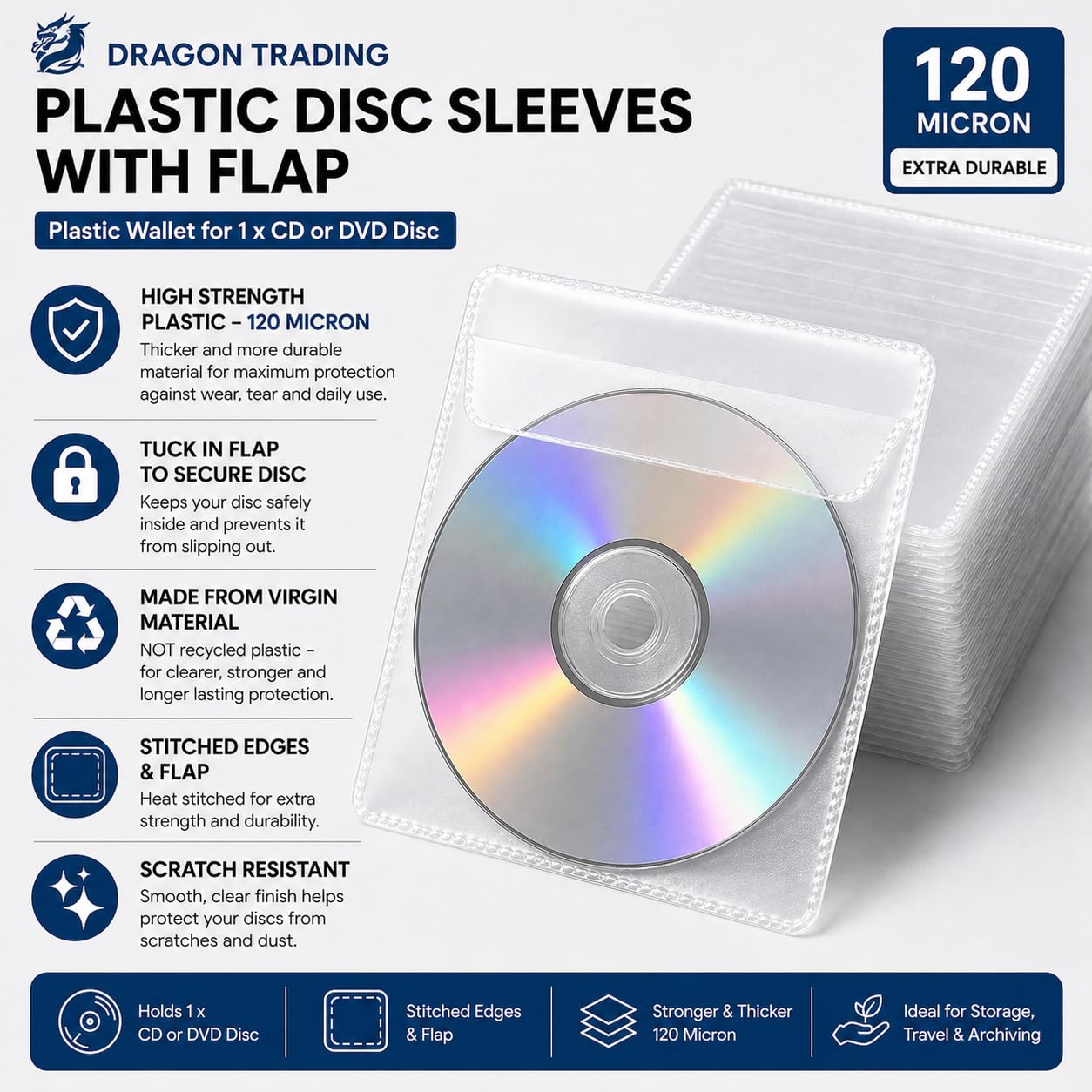 DRAGRONTRADING® - Bustine in plastica per CD con linguetta - 120 micron - Alta qualità - Disponibili in tutte le quantità (200)