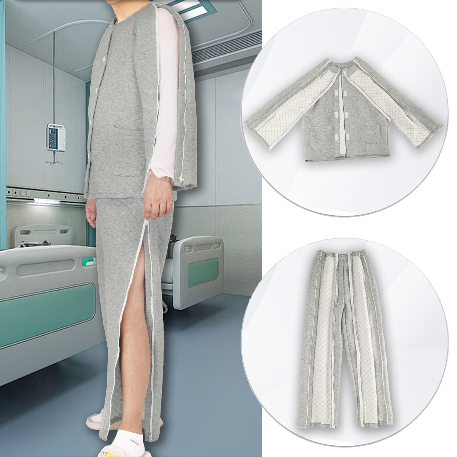 Ropa para el cuidado del paciente, Ropa para pacientes postrados en cama, batas de hospital arrancables para pacientes postoperatorios, diálisis después de la cirugía, cuidado de ancianos(Men Grey a