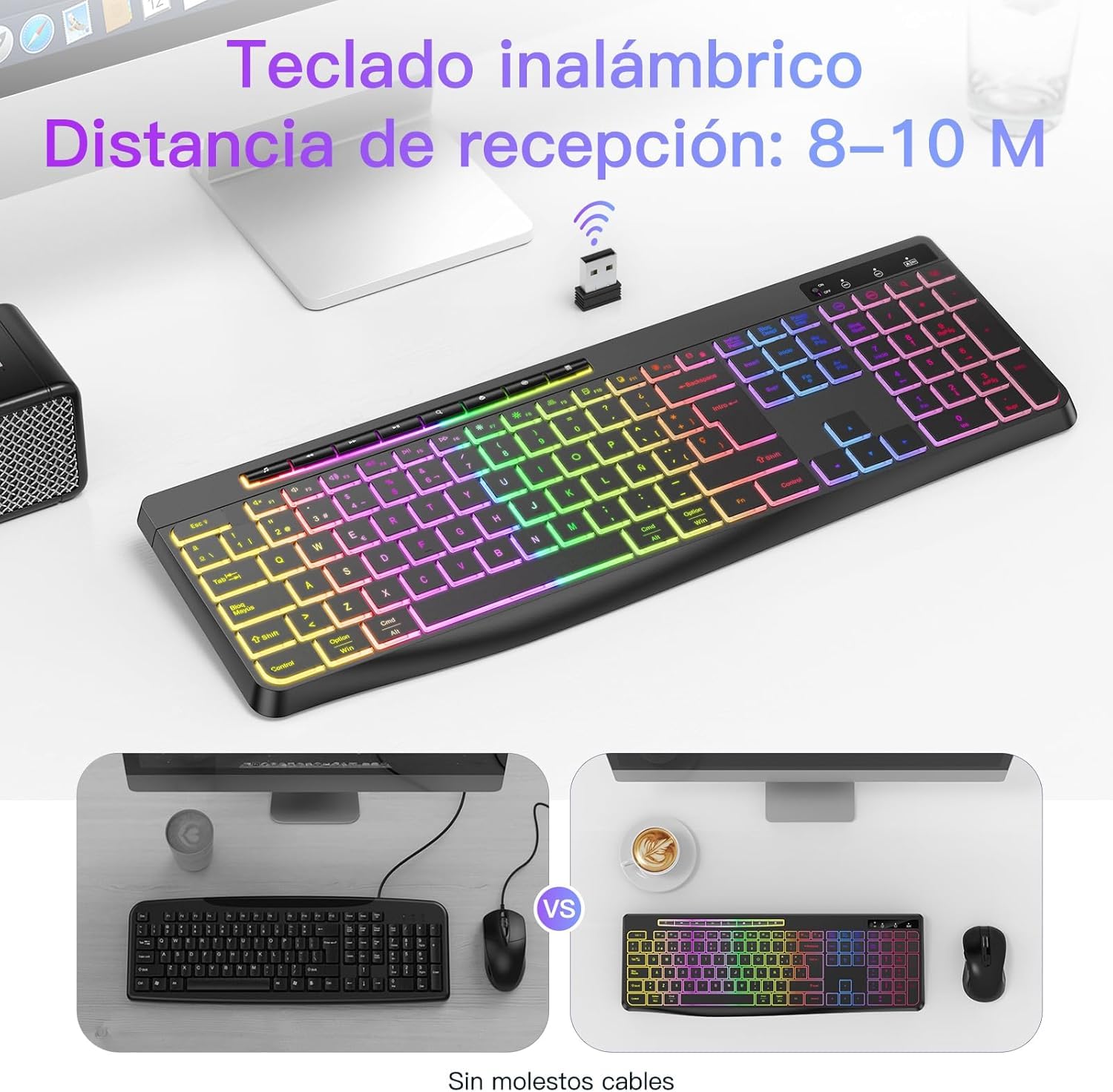 TECURS Tastiera Gaming Wireless - Tastiera QWERTY silenziosa, ergonomica, impermeabile, 2,4 GHz LED tastiera illuminata per PC/computer/Mac/Windows con tasti multimediali