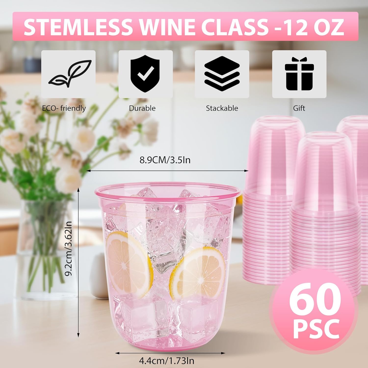 60 Pcs Disposable Stemless Clear Glasses 12 oz NATURAL Arc Crystal Plastic wine glasses Clear Classic Pet Cup for Meeting Weddings Birthdays Cocktail Christmas Party Supplies(Pink) - Image 2