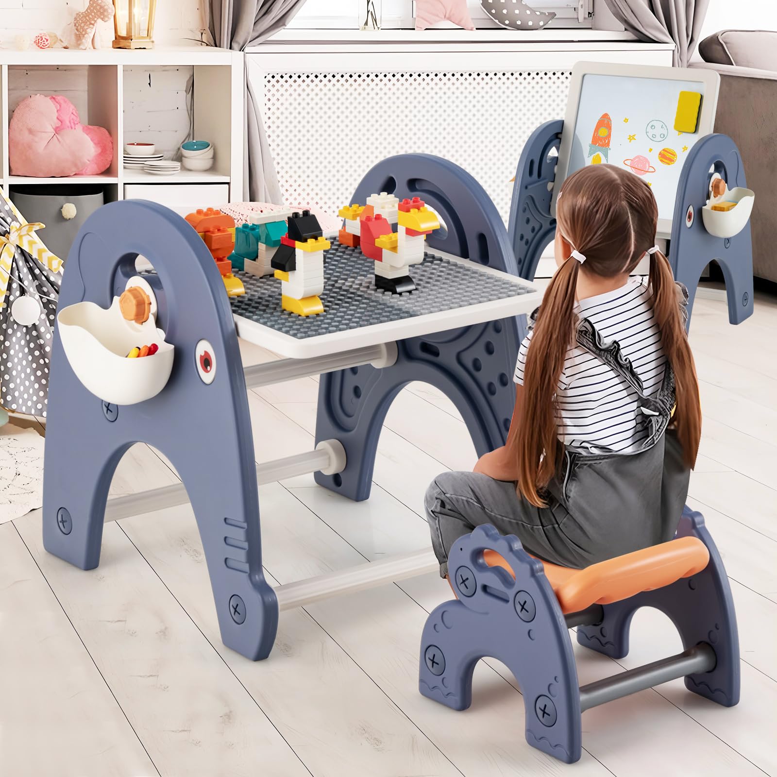 RELAX4LIFE Set di Cavalletto per Bambini con Sgabello, a Doppia Faccia con Lavagna Magnetica, Tavolo da Costruzione, Set Cavalletto per Bambini con Sgabello e Scatole Laterali