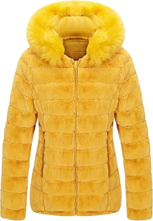 Bellivera Women Reversible Puffer Faux Fur Winter Jacket | Double Sided Fleece Fashion Hooded Padded Coat with Detachable Fluffy Fur Collar, Full zipper and Pockets