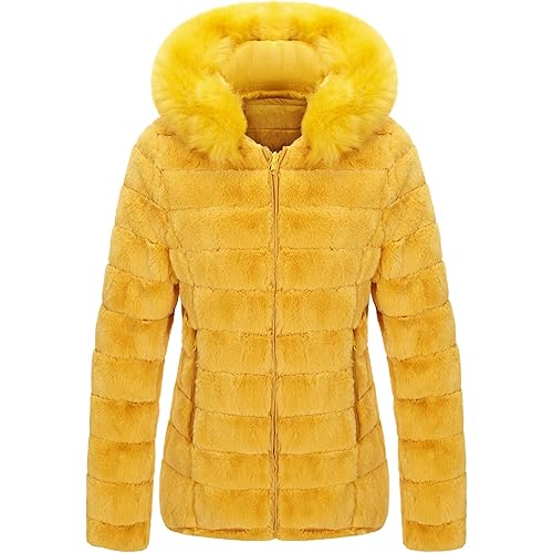 Bellivera Women Double Sided Faux Fur Jacket Spring and Winter Fashion Reversible Hood Puffer Coat with Fur Collar
