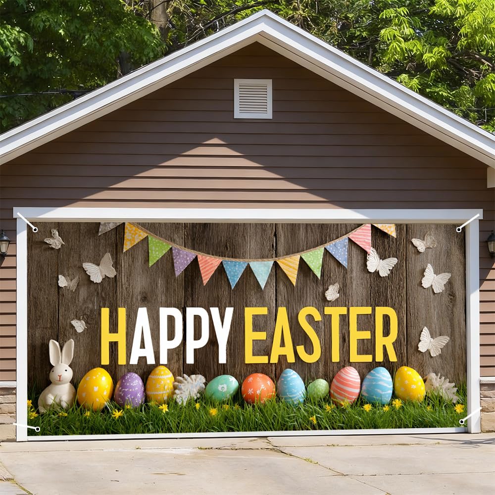 Easter Garage Door Cover 157.48 x 70.87 Inch Rustic Wood Background Colorful Eggs Bunting Flags Happy Easter Text Vibrant Outdoor Decor Spring Celebration Family Party Garage Display