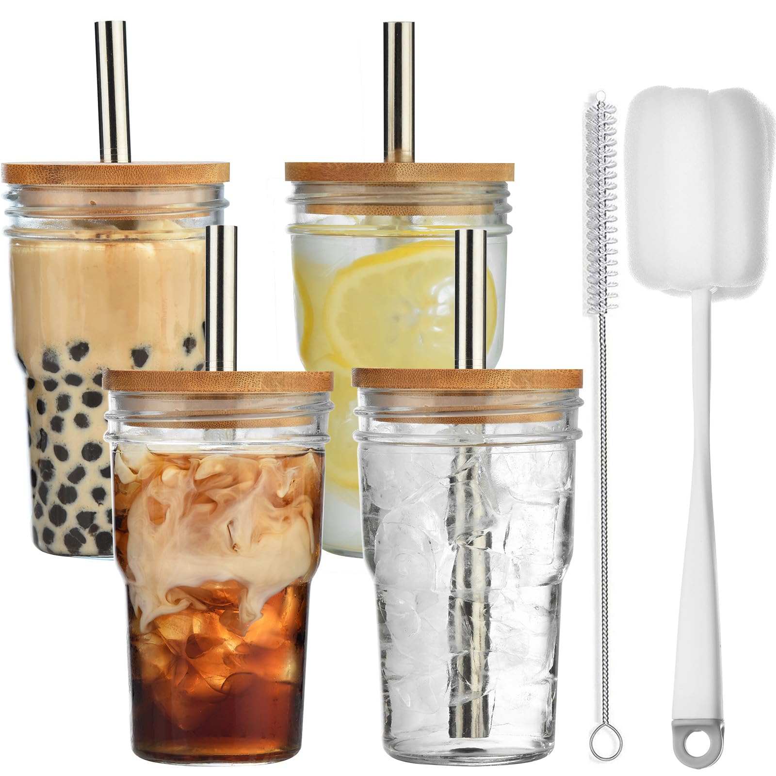 ALINK 4-Pack 16 oz Glass Cups with Bamboo Lids and Straws, Mason Jar Glass Tumbler, Reusable Boba Cups, Iced Coffee Drinking Glasses for Bubble Tea, Smoothies, Juice - 2 Cleaning Brush
