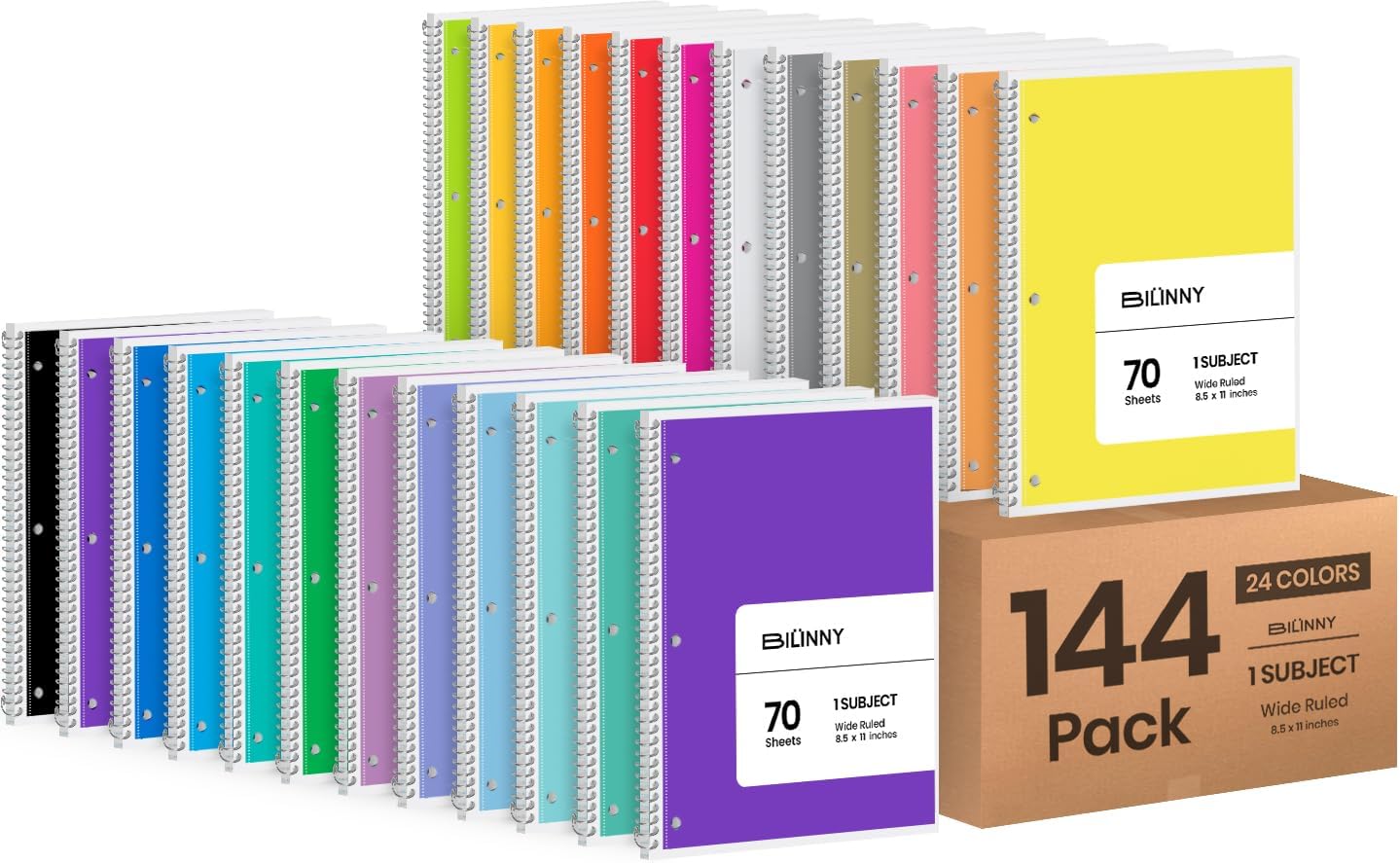 Bilinny Spiral Notebook 144 Pack of 72 Bright & 72 Pastel Colors, 1 Subject, Wide Ruled, Notebooks for School - 8X10.5 Inch - 70 Sheets (144 Pack)