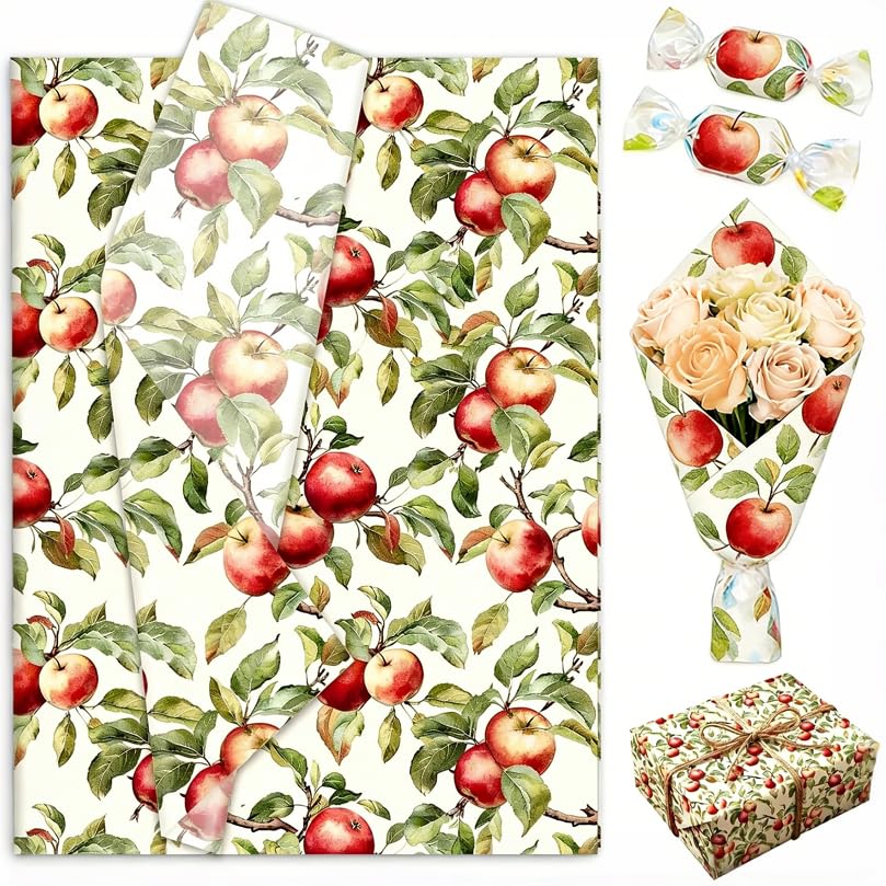 FYSUIMU 60 Sheets Apples Tissue Paper Fall Vintage Red Apples Wrapping Paper for Autumn Thanksgiving Teacher Appreciation Week Birthday Baby Shower Wedding Party DIY Crafts Supplies 14 x 20 Inch