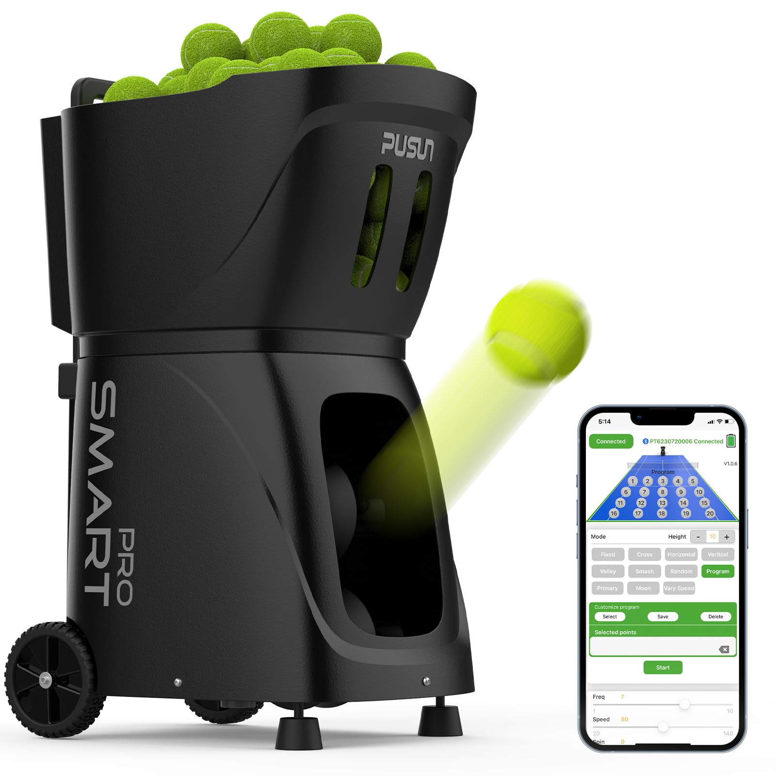 PUSUN PT-Smart Pro Máquina Lanzapelotas de Tenis Profesional Control App Remoto 12 Modos Entrenamiento 4-6 Horas Batería