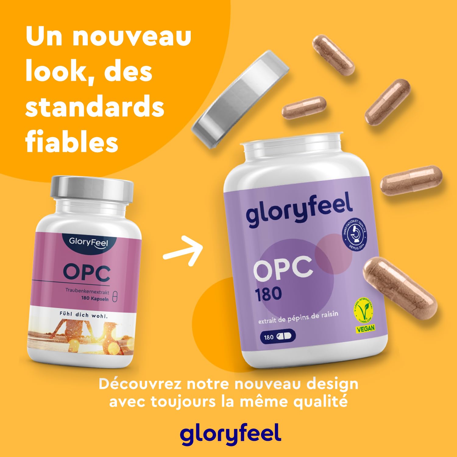 OPC 95% Extrait de Pépins de Raisin Resvératrol + Vitamine C, 1052mg d'OPC pur issu de Raisins Français - 180 Capsules Végétaliennes, Antioxydant Puissant, Proanthocyanidine Oligomérique