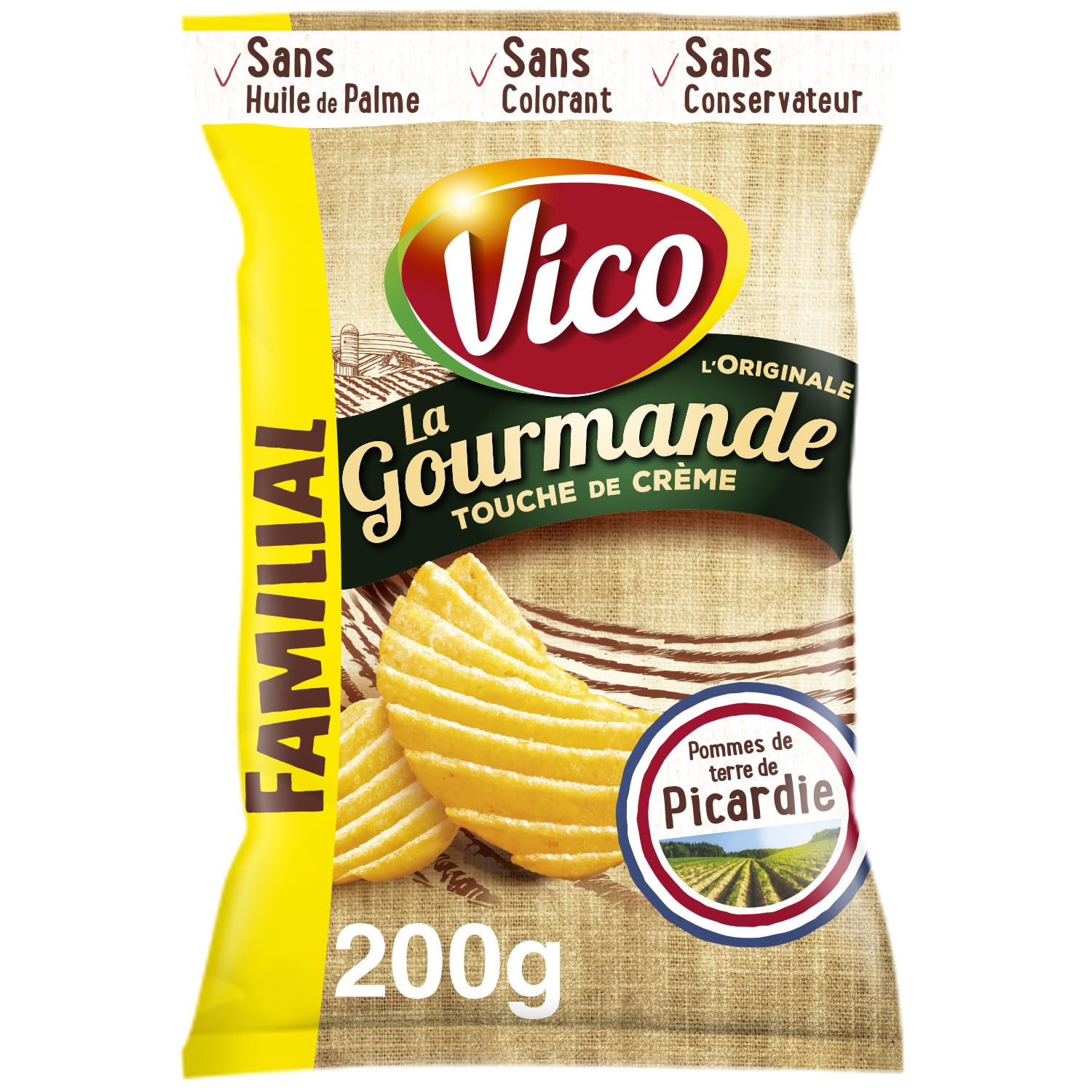 VICO Chips La Gourmande L'Original, Coupe Paysanne Ondulée avec Touche de Crème, Sans Huile de Palme, Sans Conservateur, 200 g - Lot de 6