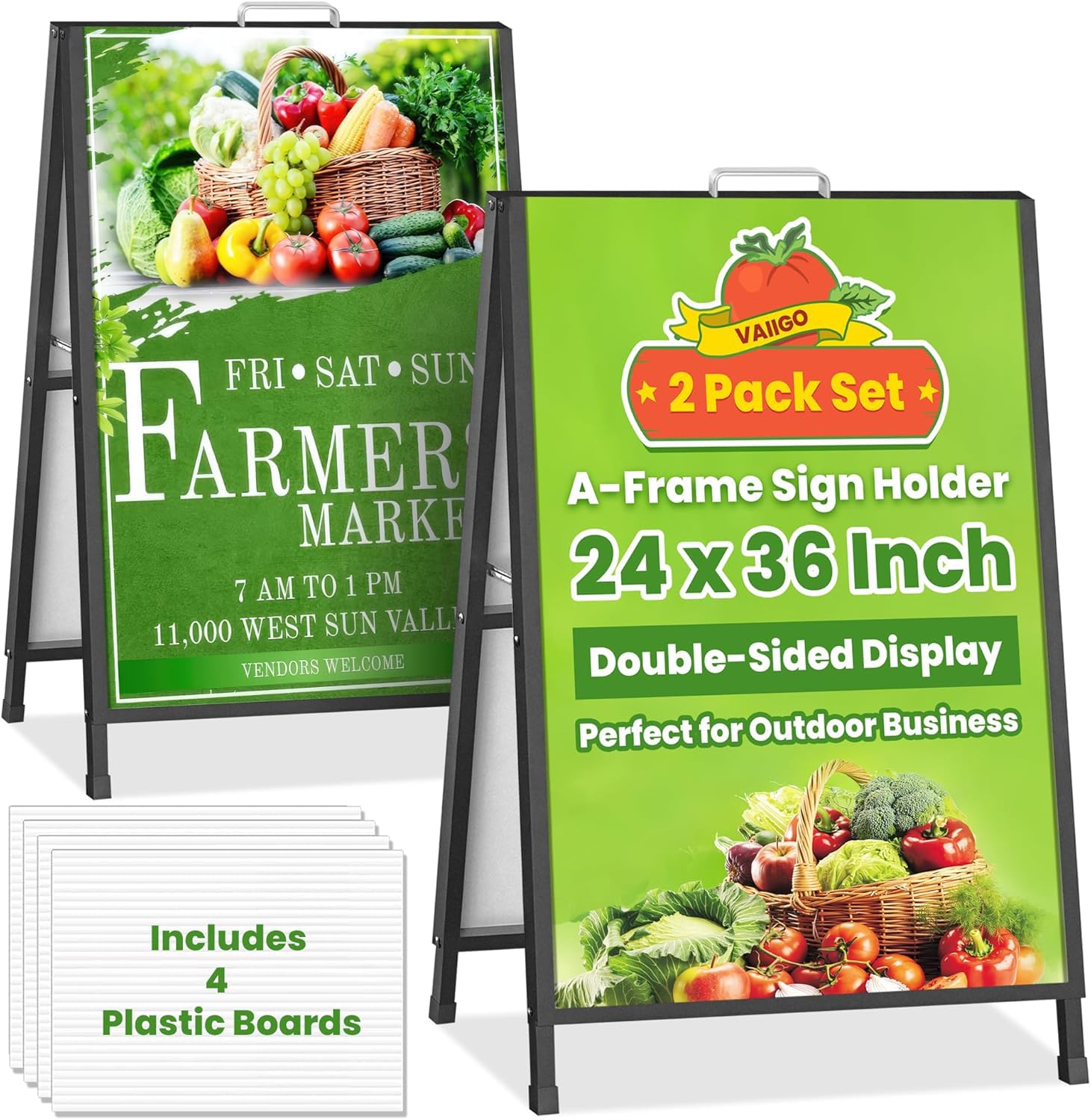 Photo 1 of VAIIGO 2 Pack A-Frame Sidewalk Sign 24x36 Inch, Heavy Duty Metal A Frame Sign Holder, Double-Sided Folding Sandwich Board Signs Outdoor with Easy-Carry Handle, Includes 4 Plastic Poster Boards