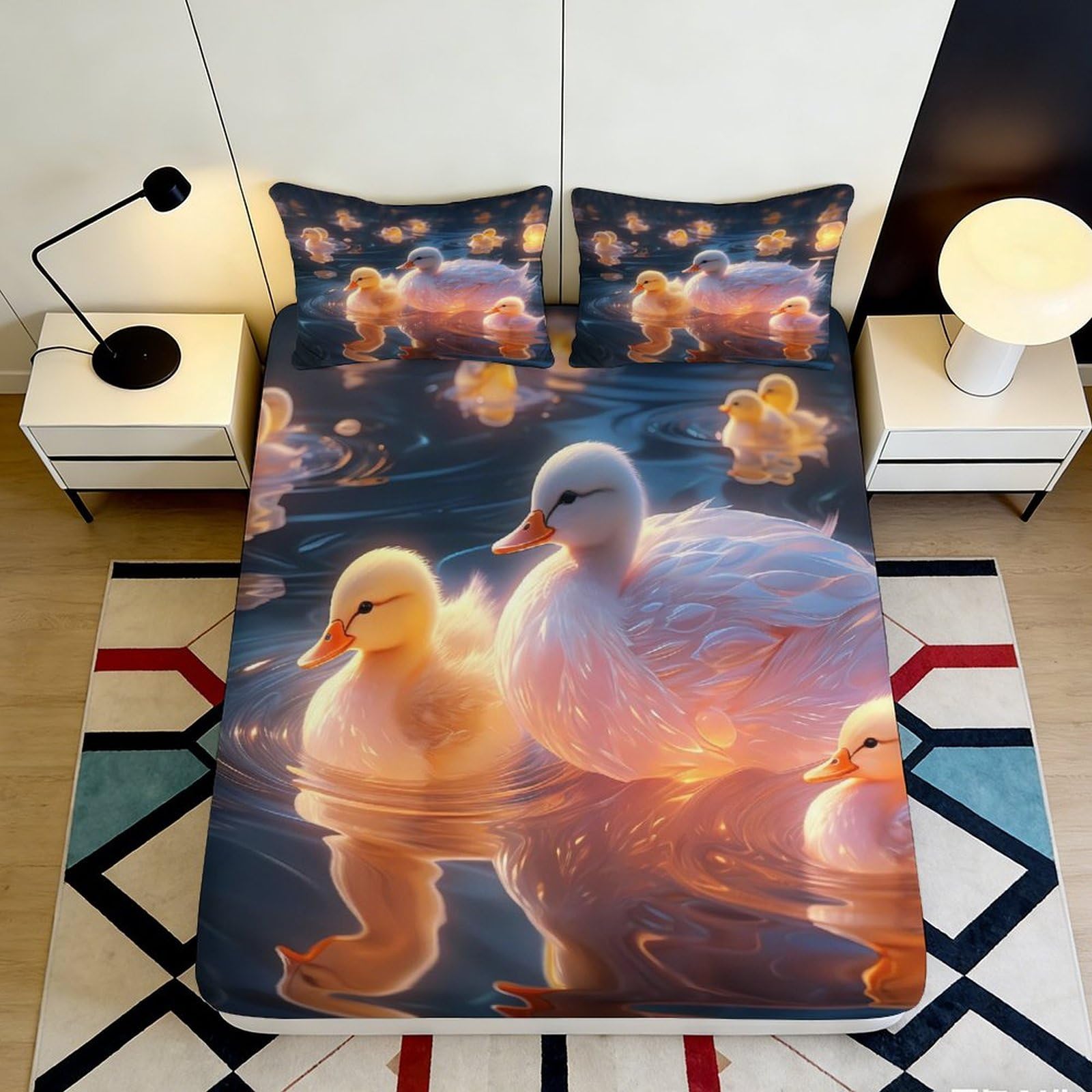3D Printed Ducklings Fitted Sheet Microfiber Soft Breathable Baby Ducks Bed Cover for Bedroom Dormitory Guest Room Mattress Protection Decor 120x200x25cm