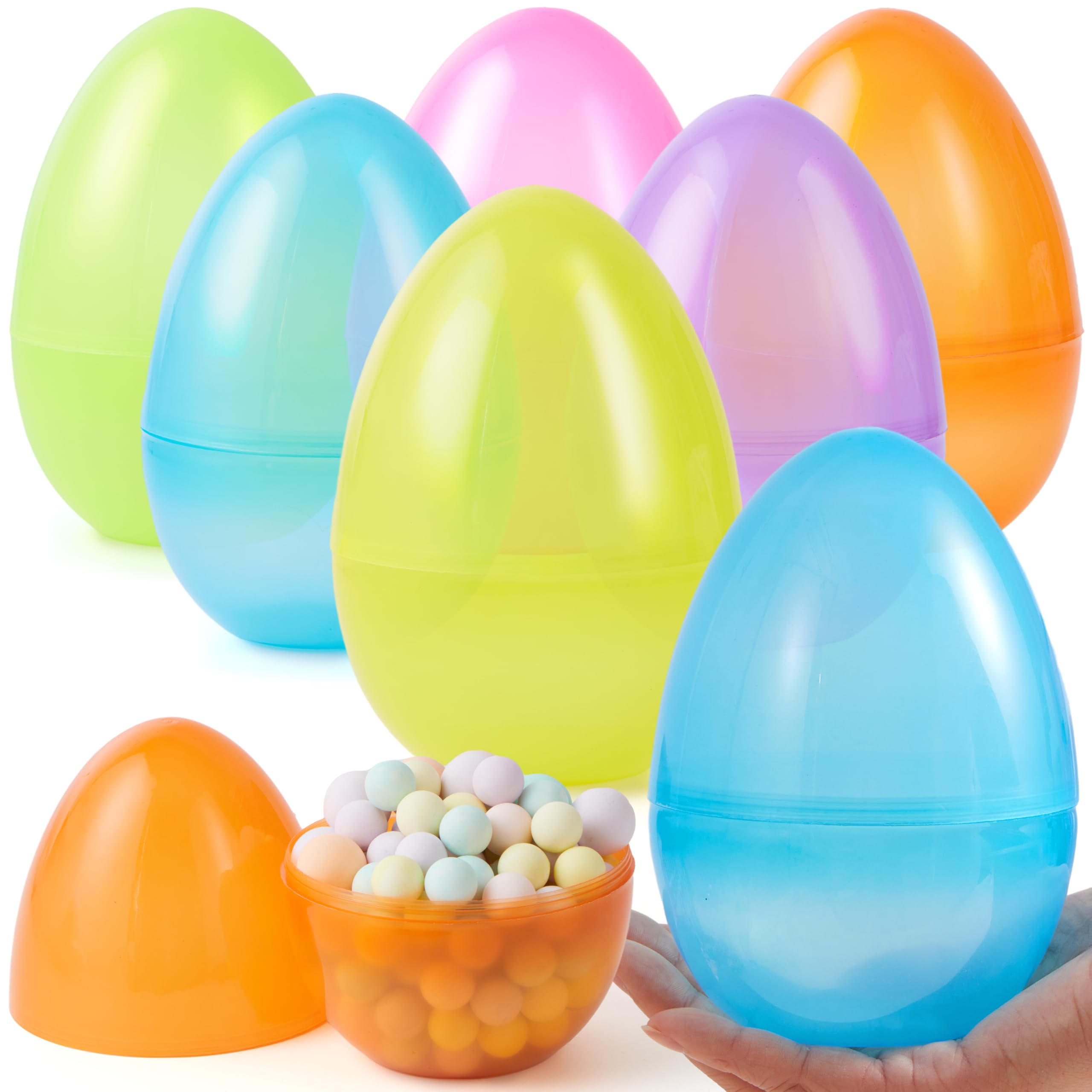 JOYIN 6 Pcs Large Clear Easter Eggs, 6 Inches Jumbo Plastic Eggs Fillable for Easter Themed Hunt Colorful Basket Stuffers Fillers Filling Treats Party Favor Classroom Prize Supplies