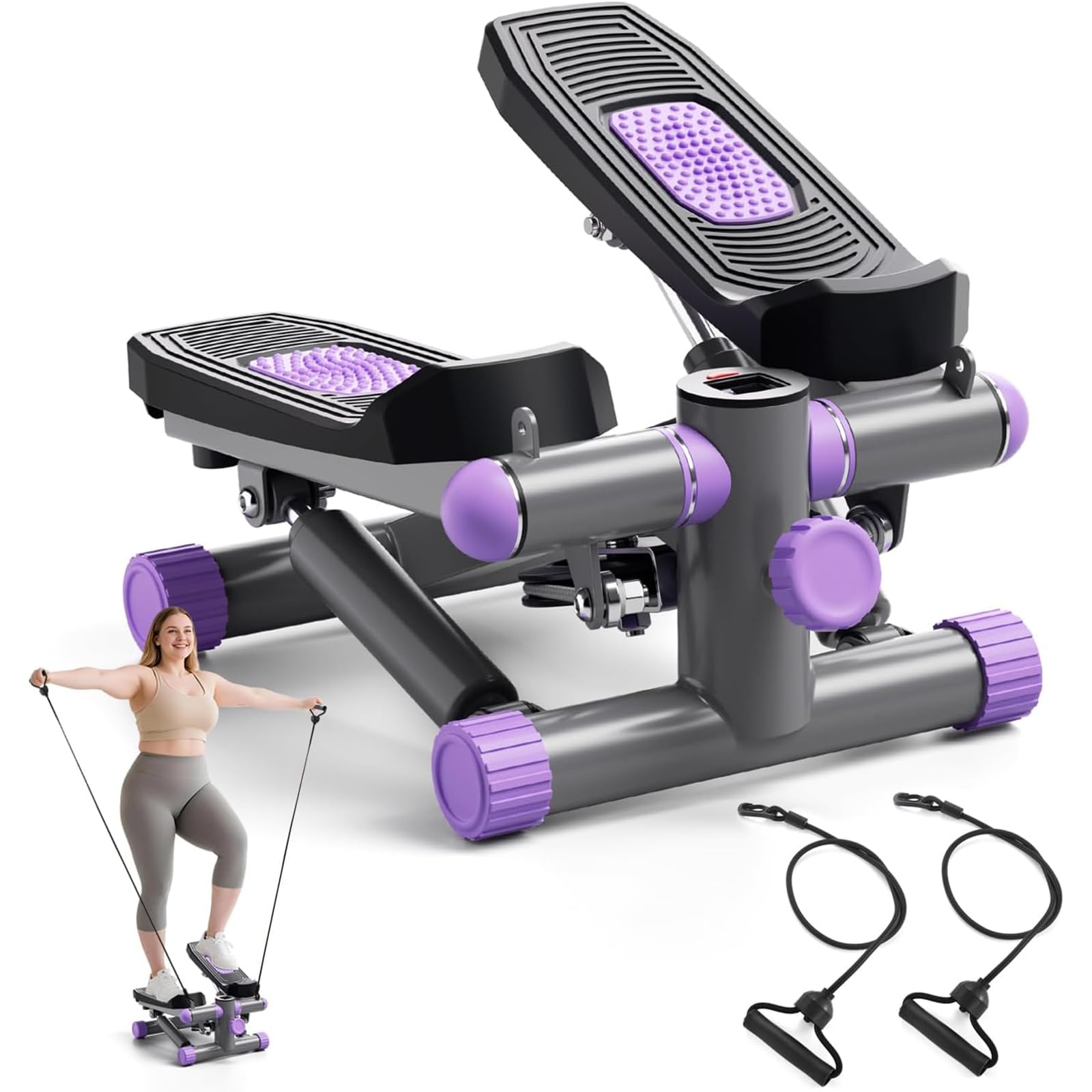 Stepper für Zuhause, Mini Stepper 150kg mit Power Ropes, Up-Down Swing steper Hometrainer mit LCD Display, 2 in 1 Einstellbarer Widerstand Trainingsgerät für Beine/Arme/Gesäß Training