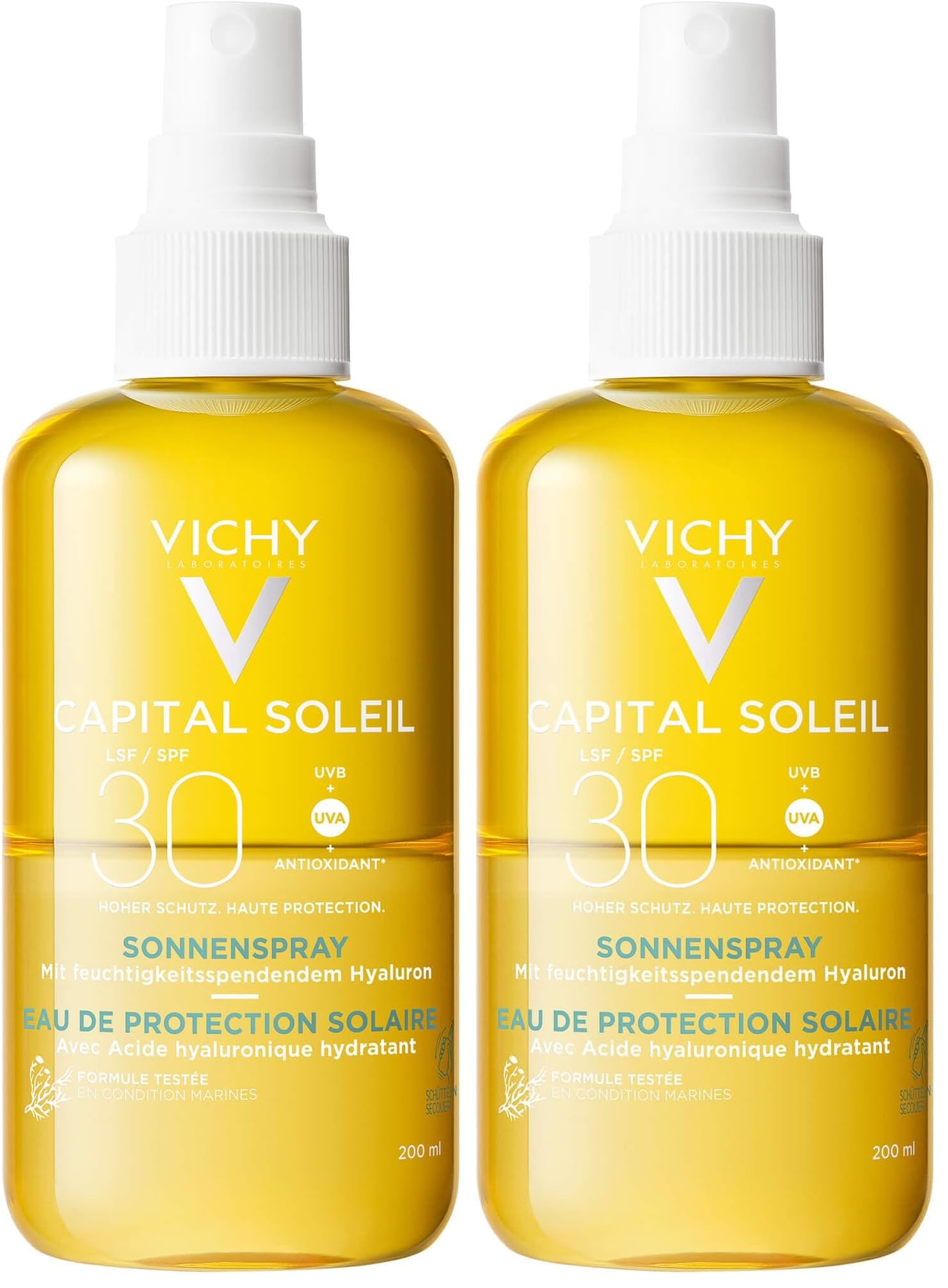 VICHY Sonnenspray mit Hyaluron LSF 30, Bis zu 24 Stunden lang Feuchtigkeit & Schutz vor UVA-, UVB- und langen UVA-Strahlen, Antioxidative Wirkung, Capital Soleil, 200 ml (Packung mit 2)