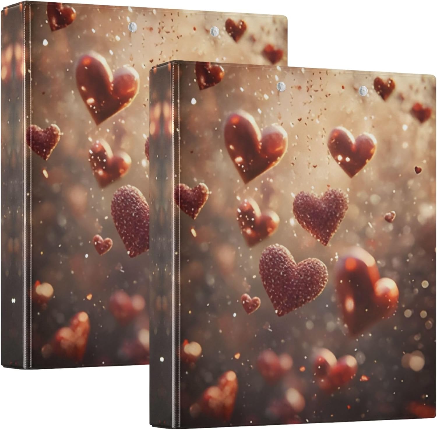 Valentine's Day Hearts 3 Ring Binders, 1.5” Round Ring Binders with Clipboard - Letter Size, 3 Interior PVC Clear Pockets & Anti-Slip Clip for Office School Supplies, 2PCS