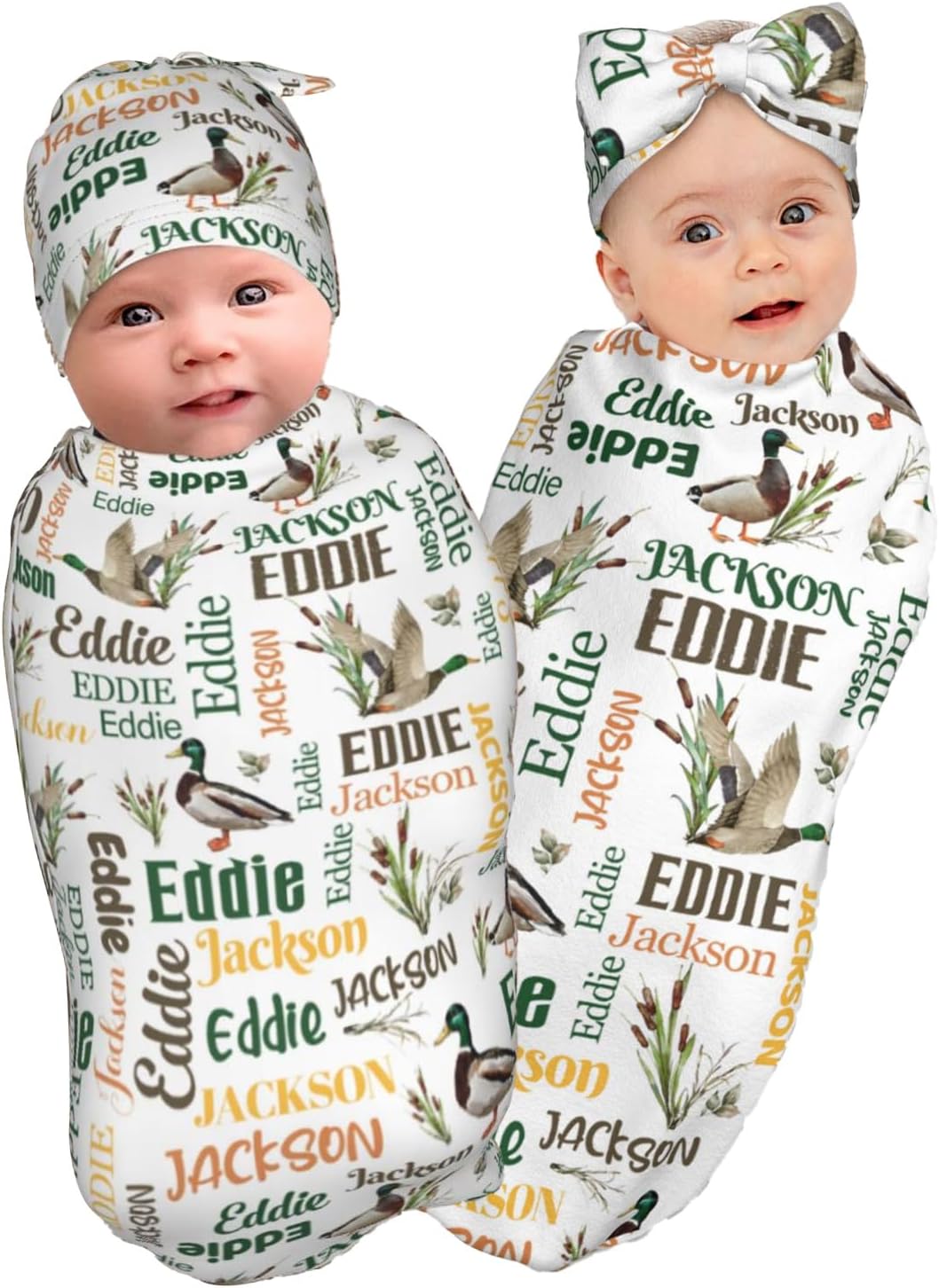 Personalized Baby Swaddle Blanket with Name, Custom Wild Ducks Receiving Blankets with Headband or Hat Set for Newborn Infant