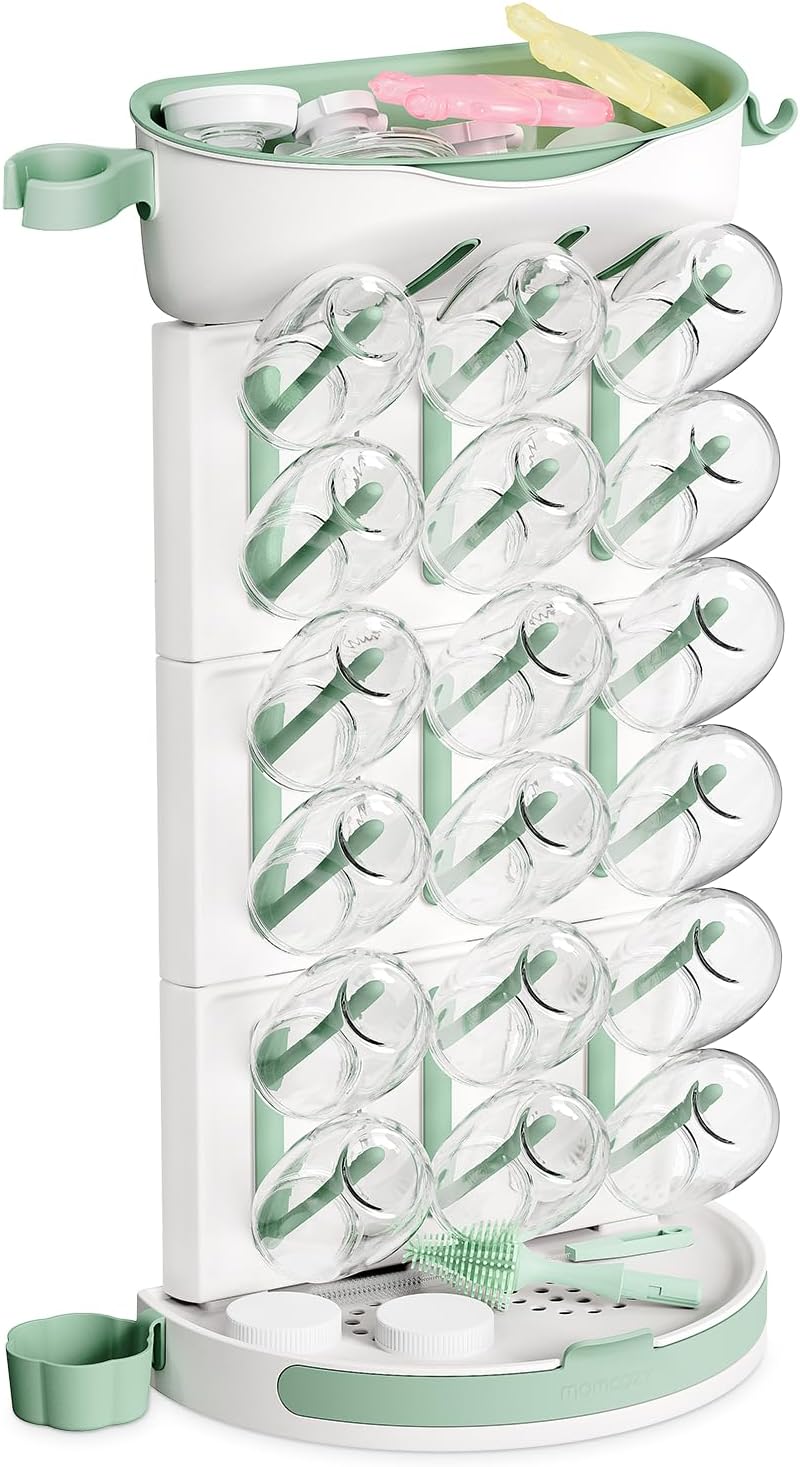 Baby Bottle Drying Rack for 18 Bottles, Space Saving Countertop Vertical Rack for Baby Accessories & Pump Parts, Detachable Travel Drying Rack with Brush Holder