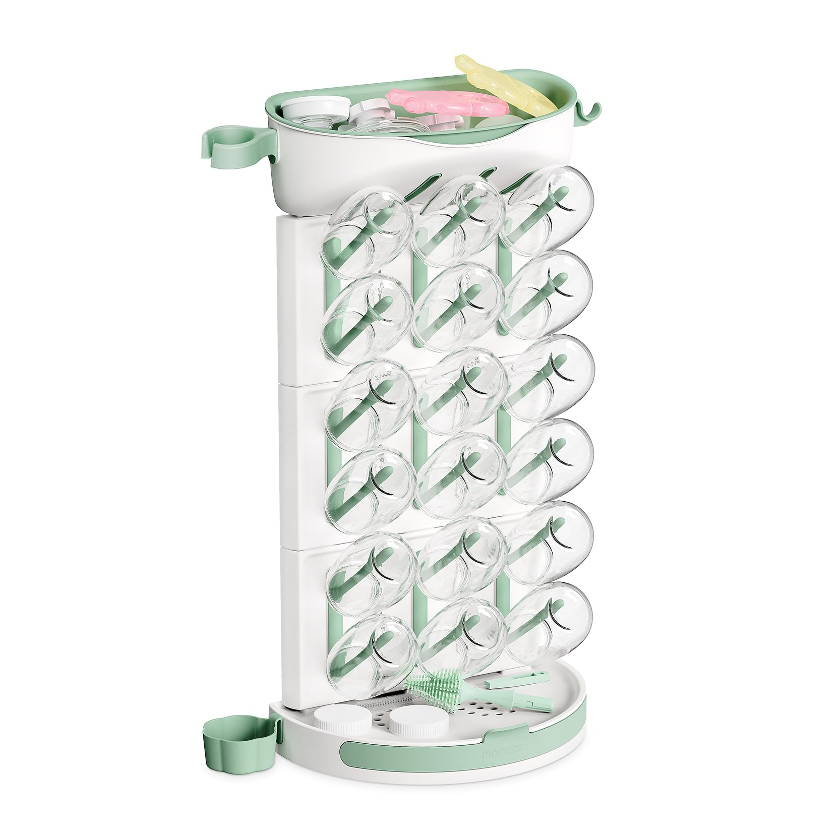 MomcozyDIY Larger Bottle Drying Rack for 18 Bottles, Space Saving Countertop Vertical Rack with Brushes Holder, Detachable Travel Bottle Rack for Baby Accessories & Pump Parts