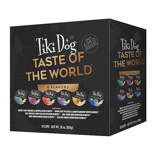 Tiki Dog Taste of The World Whole Food, Variety Pack of Gourmet International Flavors in Broth, Culinary Inspired High Protein and Moisture Rich Superfoods Wet Dog Food, 3 Oz Cups, Pack of 10 - Variety - 3 Ounce (Pack of 10)