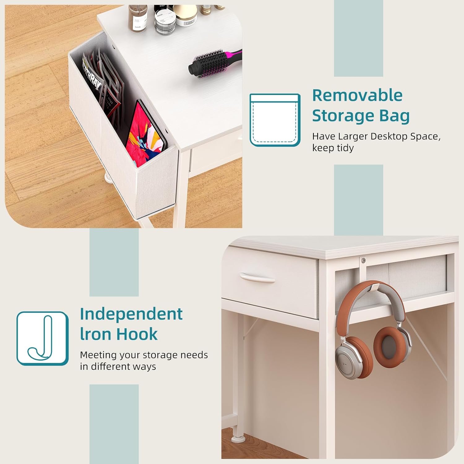 CAIYUN Small White Desk with Fabric Drawers for Bedroom, 31 Inch Home Office Desk with Side Pocket and Hook for Small Space, Makeup Vanity Desks Kid’s Desks to Writing Made of Wood and Metal, White - Image 5