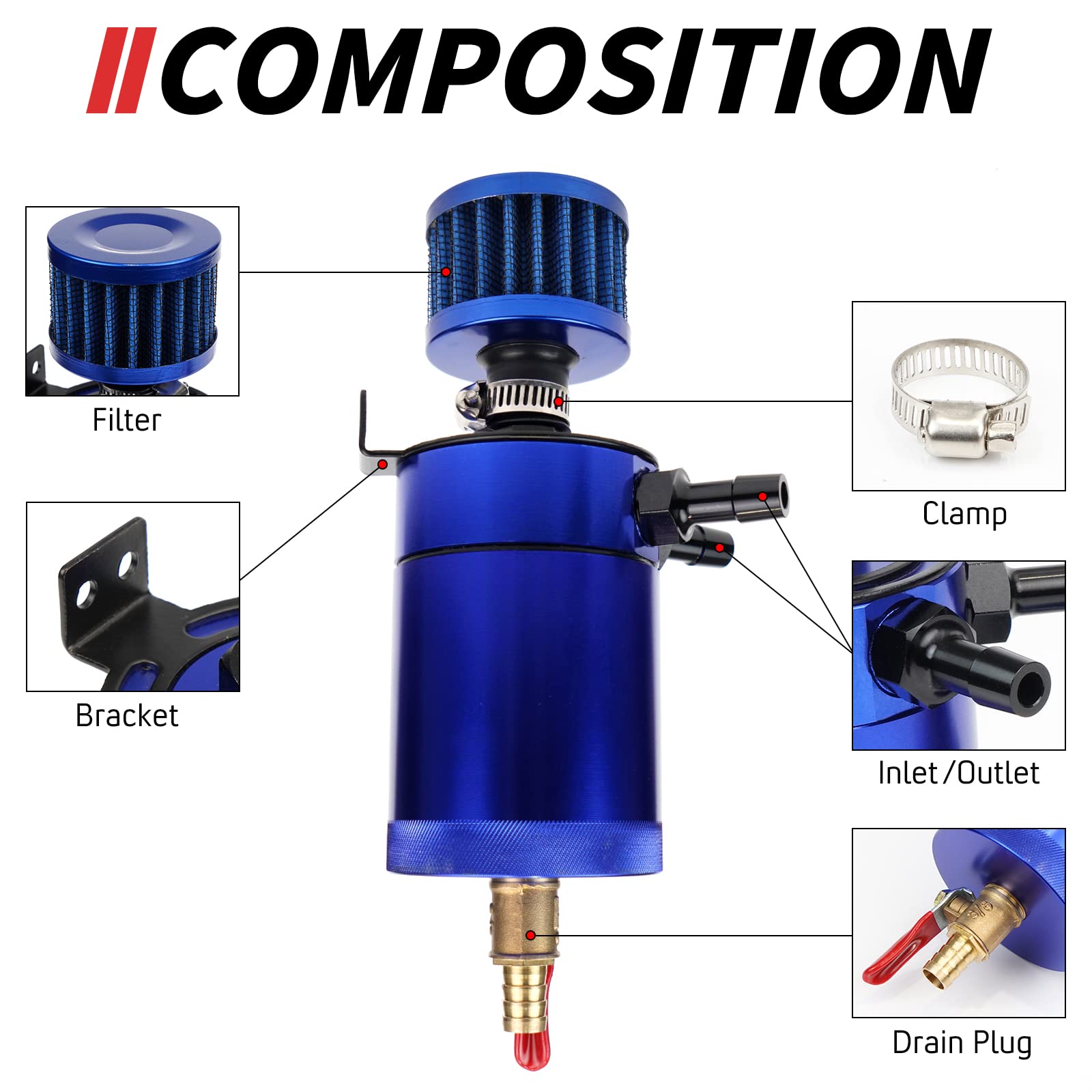 WENJTP HTRACING Kit De Récupération D'huile Avec 4 Adaptateurs + Filtre Reniflard De Vidange Bouchon 2 Ports (1 Sortie + 1 Entrée) 150 Ml Universel En