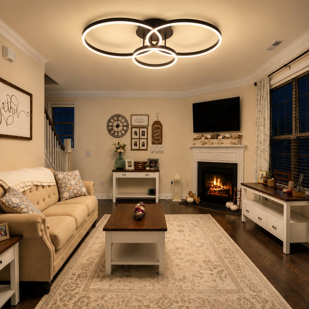 ZMH Lampada da Soffitto a LED Plafoniera Camera - Dimmerabile con | Telecomando Nero Lampada Design con 3 Anelli Metallo 74W Moderna Illuminazione Interni per Soggiorno Cucina Ufficio e Studio