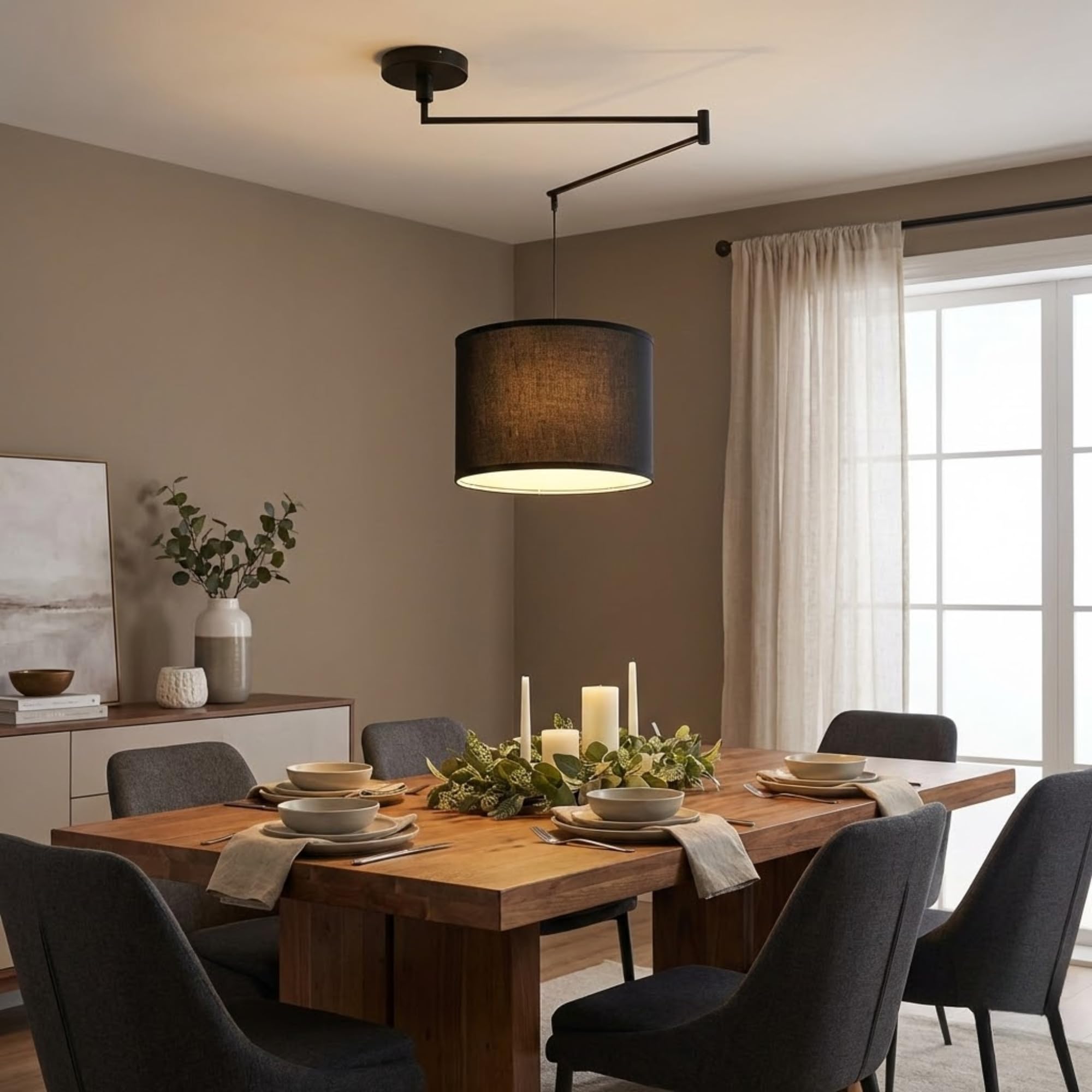 Lámpara Colgante de Techo NECK con Brazo Articulado. Pantalla Tela y Base Giratoria. Altura Ajustable. Portalámparas E27. Estilo Moderno. Lámpara colgante Negra para isla cocina, comedor, dormitorio.