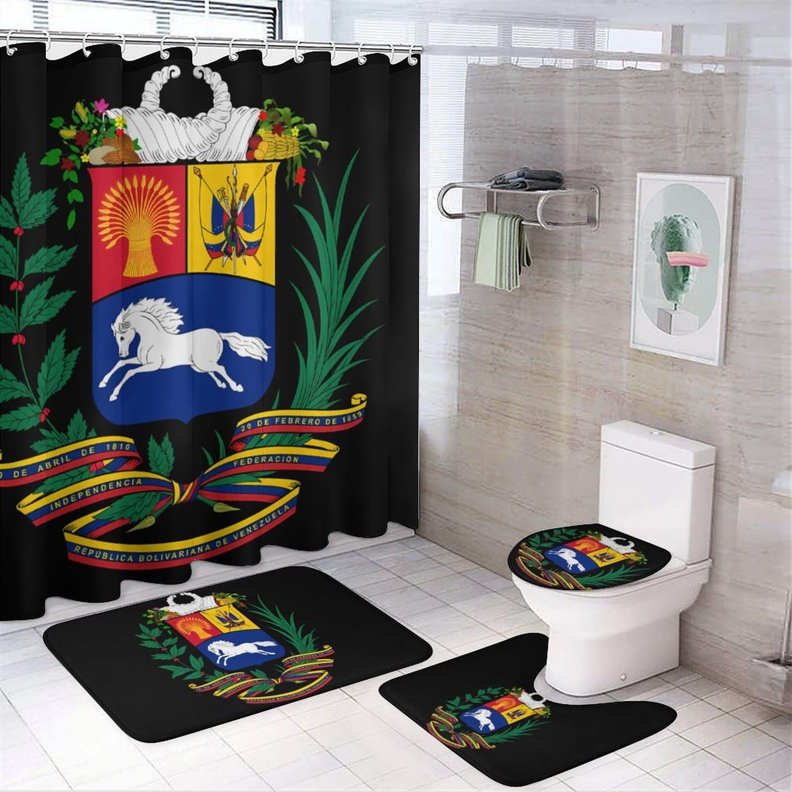 CGSBNGHA Coat of Arms of Venezuela Shower Curtain Set 4 Piece Bathroom Sets with Rugs Toilet Lid Cover And U-Shaped Floor Mat