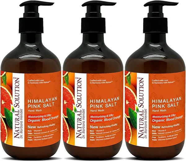 Natural Solution Hand Wash, enriched with moisturizing blood orange and Himalayan pink salt, comes in a 14 oz bottle (Pack of 3) for gentle cleansing and hydration