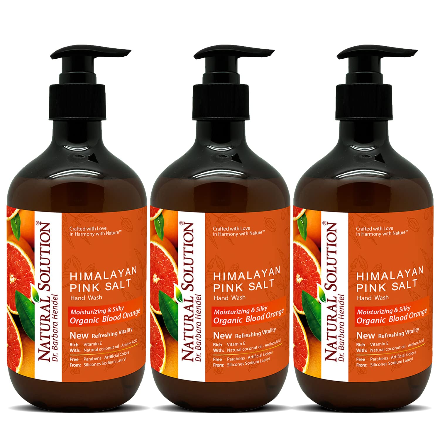 Natural Solution Hand Wash, enriched with moisturizing blood orange and Himalayan pink salt, comes in a 14 oz bottle (Pack of 3) for gentle cleansing and hydration