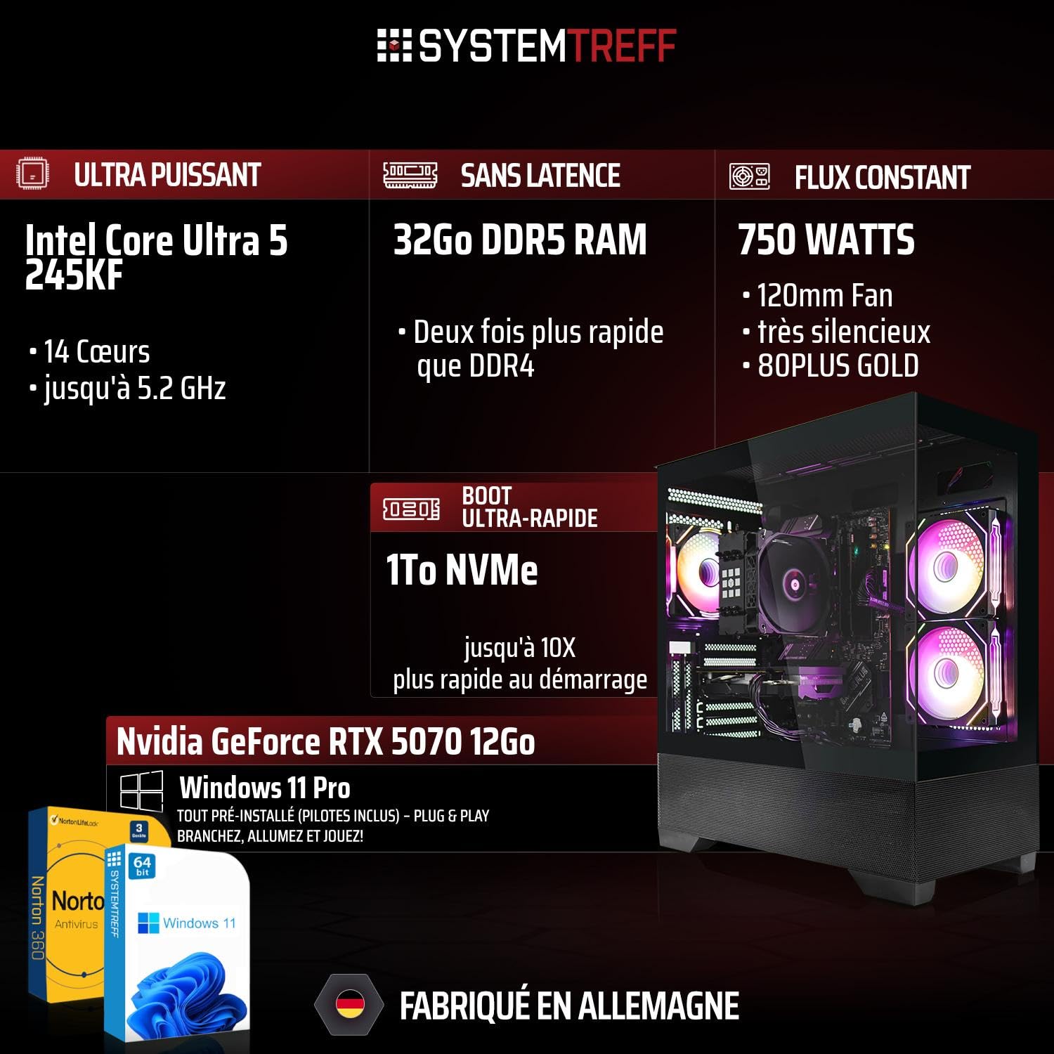 SYSTEMTREFF PC Gamer High-End - Intel Core Ultra 5 245KF - RTX 5070 12 Go