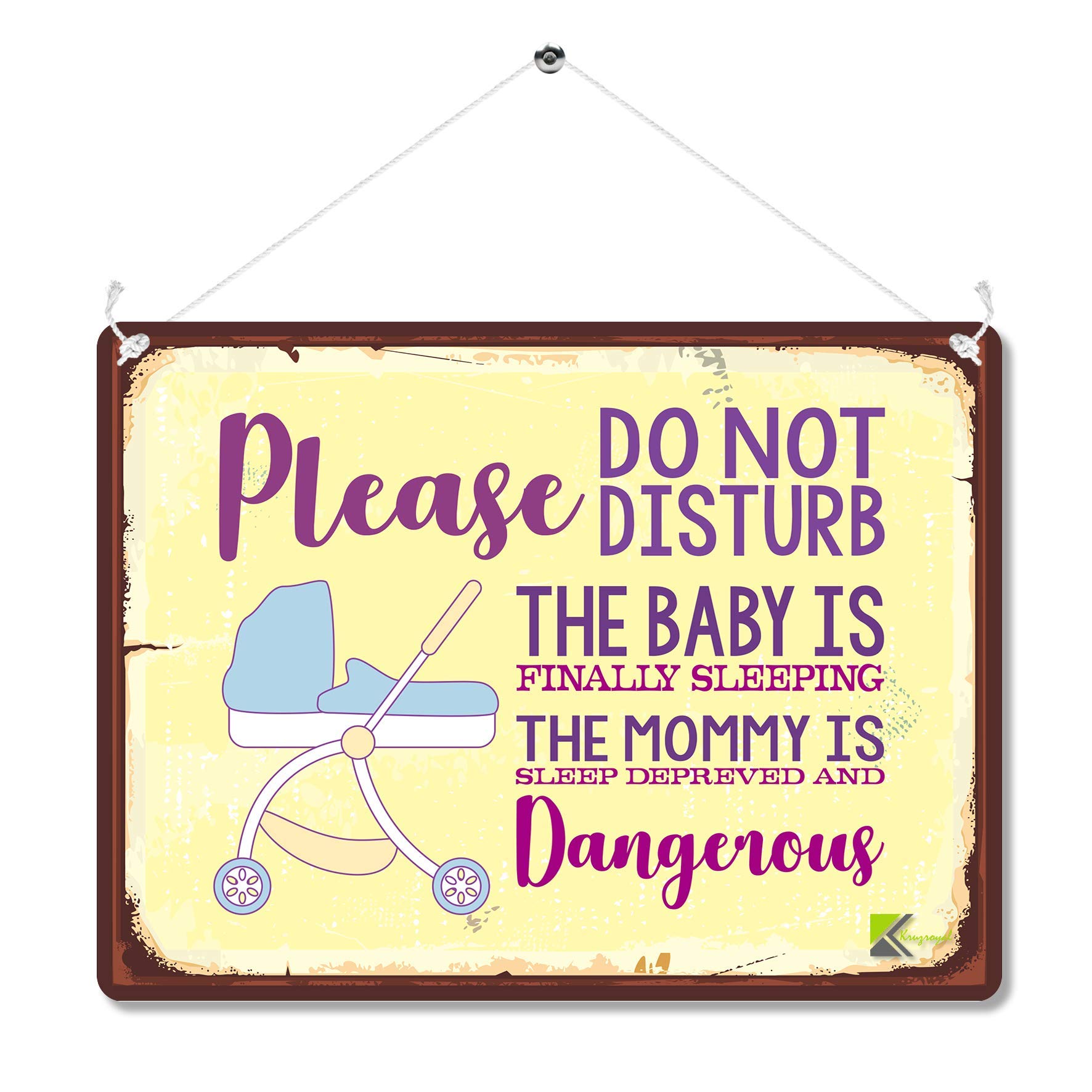 Kruzroyal Baby Sleeping Do Not Disturb Metal Wall Sign, Humorous New Mum Novelty Plaque Gift, Retro Vintage Tin Decor for Nursery or Front Door, 20x15cm with Hanging String