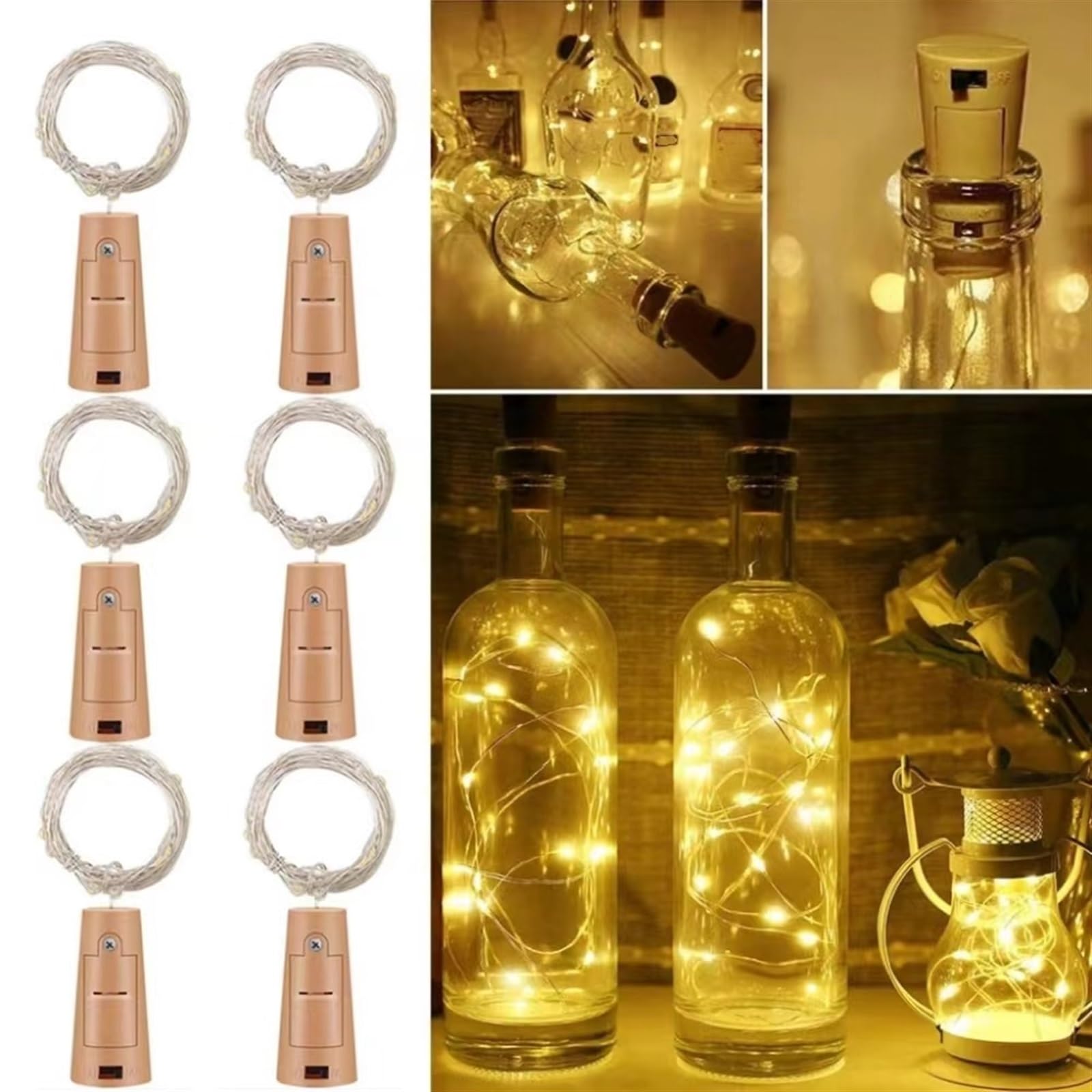 Gerrit Luci for bottiglie di vino, confezione da 6 luci da 20 LED in filo d'argento Luci in sughero alimentate a batteria Lucine fai da te for la decorazione della festa (Color : 6pcs Warm white)