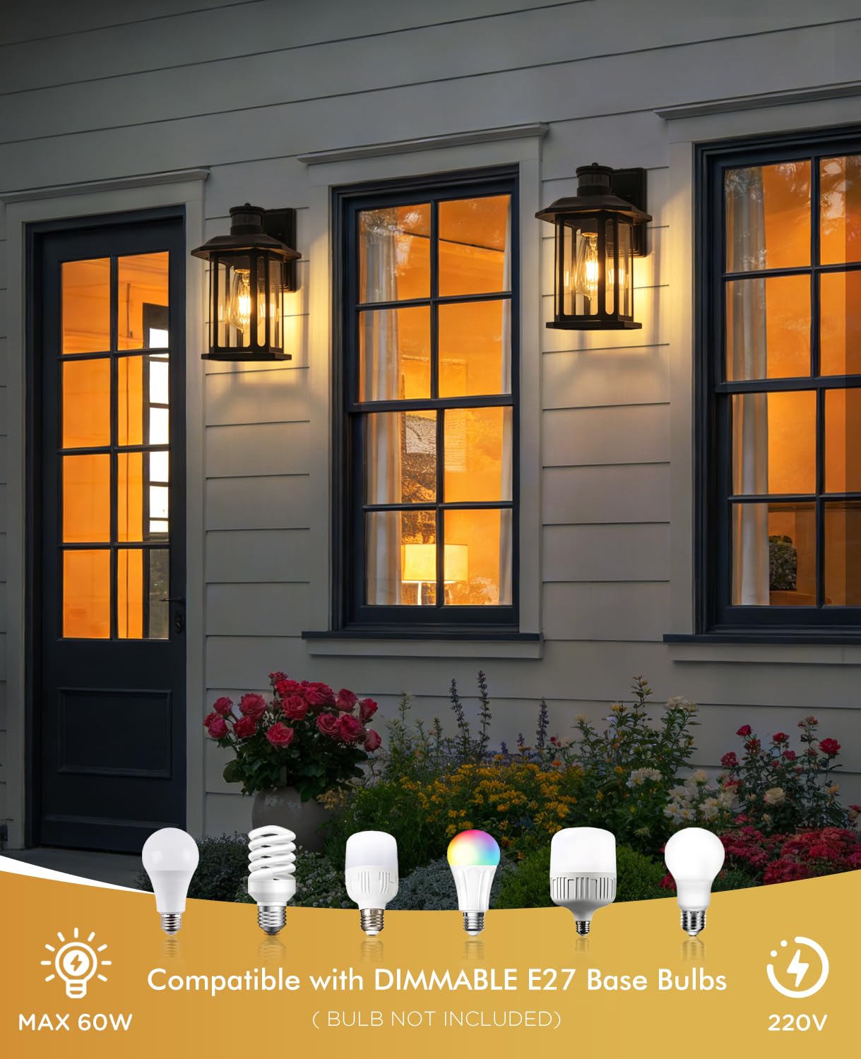 FTL Applique da Esterno con Sensore di Movimento, Illuminazione di Sicurezza a 3 Modalità, Portico Lanterna E27 con PIR Sensore, Nera Lampada da Parete Esterna con Sensore Crepuscolare per Ingresso