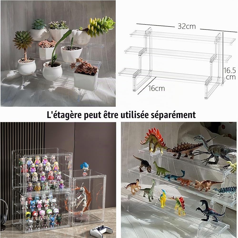 Vitrine Acrylique Transparente Empilable pour Collection Figurine,36x23x27cm Boîte de Présentation Display Case Box avec Marches Porte Magnétique pour Funko Pop Lego