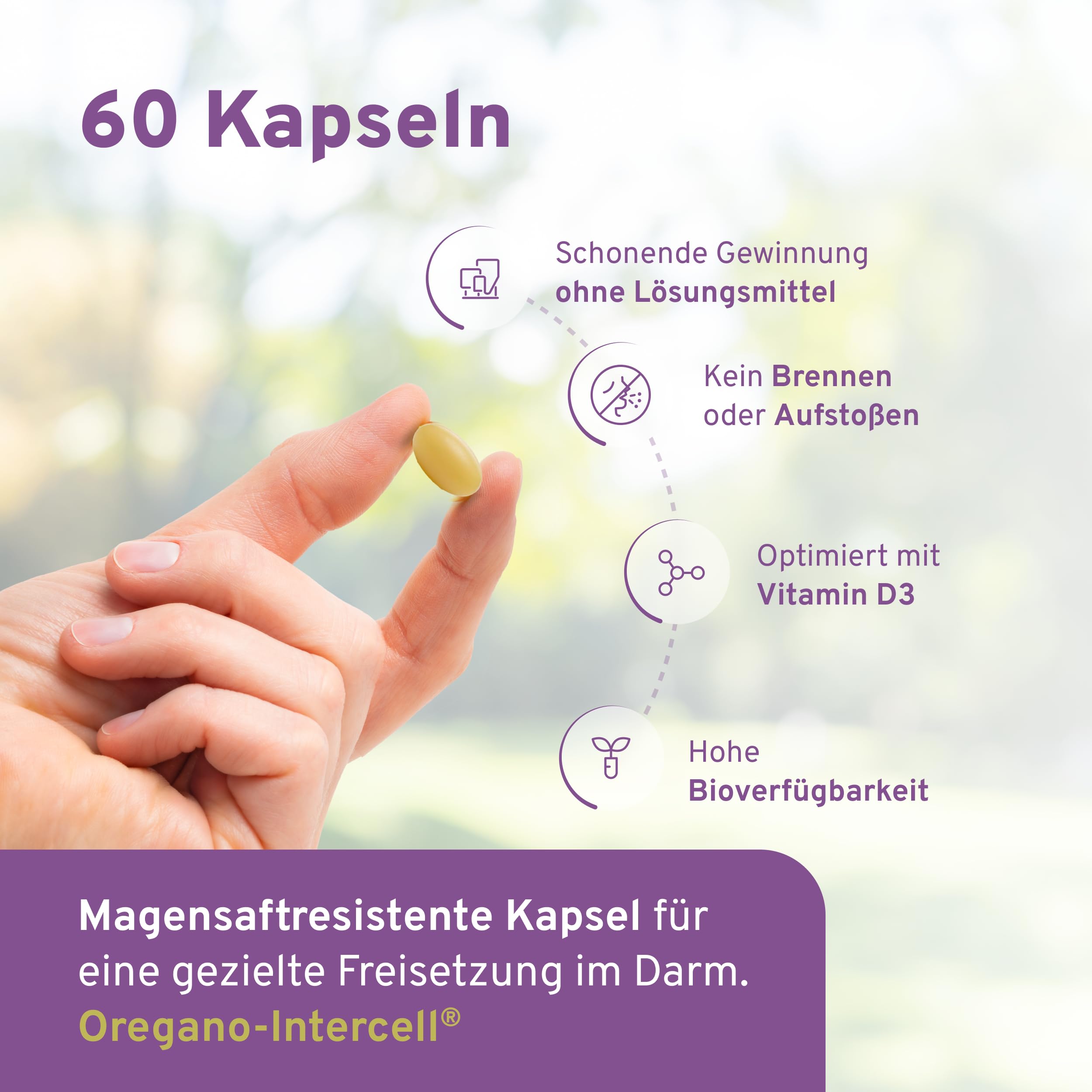 Oregano Öl hochkonzentriert und magensaftstabil (60 Kapseln) - 150mg Carvacrol +Vitamin D3 + Biotin - ohne Lösungsmittel für optimale Verträglichkeit - gultenfrei & lactosefrei - Intercell Pharma