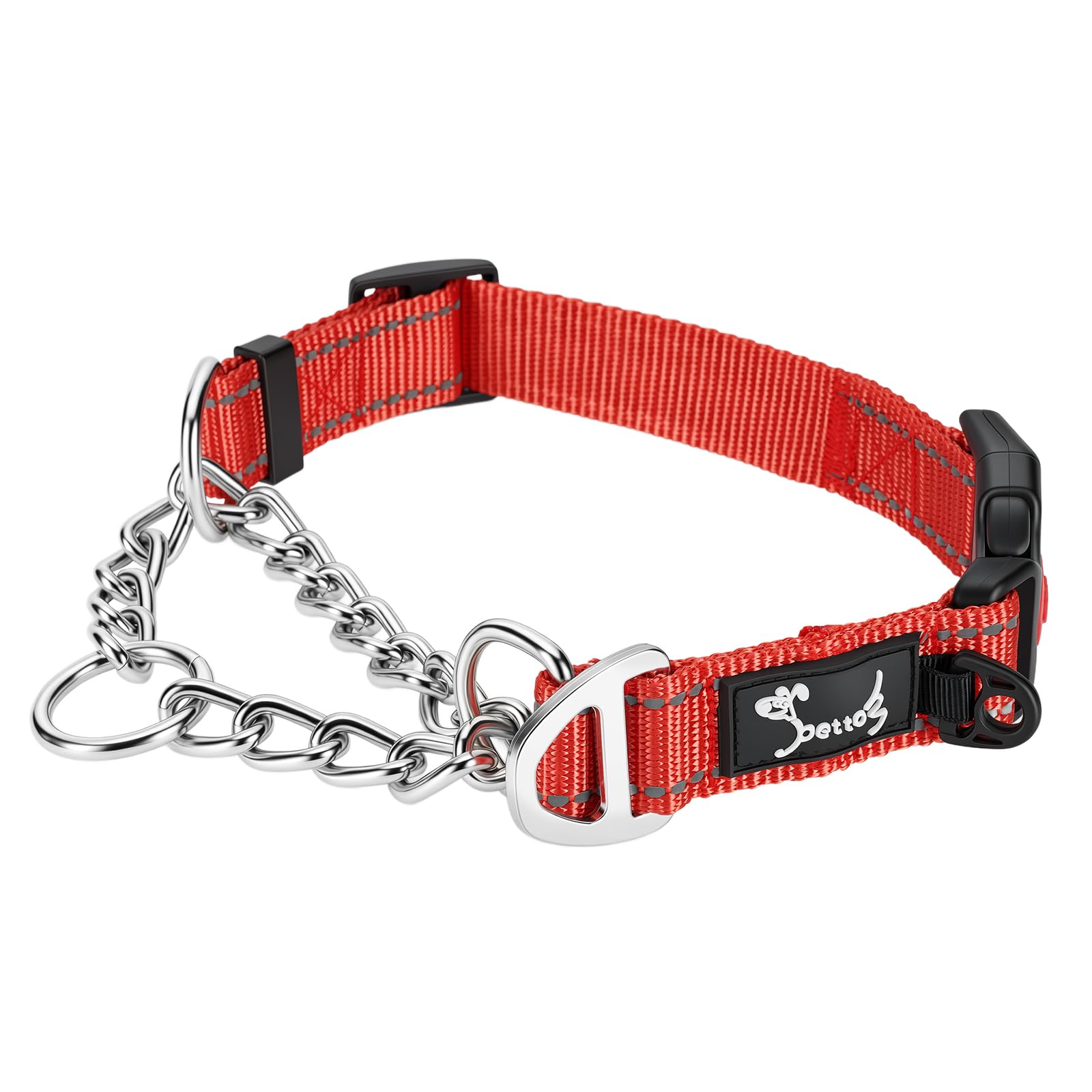 PETTOM Martingale Half Dog Collar, Strong Dog Collar Metal Chain, Quick Release Safety Buckle Reflective Nylon Padded with ID Ring D Ring Adjustable Half Check Dog Collar Medium (M: Neck 43-52 CM)
