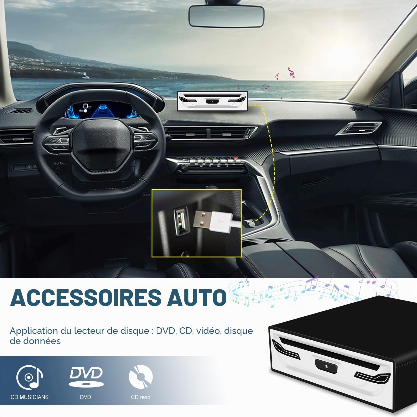 Rimoody Lecteur CD/DVD pour Auto - Plug & Play Haute Performance avec Anti-Choc, USB 2.0, Support WAV/VOB, Compact pour Voiture, Camping-Car