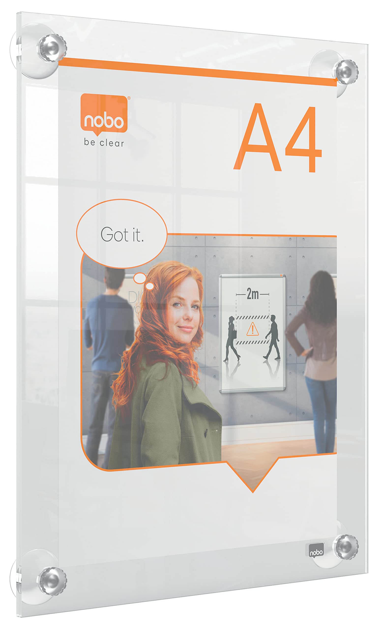 Nobo A4 Acrylic Wall Mounted Repositionable Poster Frame, Frameless, Portrait/Landscape, Suction Cup Pad Mounting, Premium Plus, Clear, 1915600
